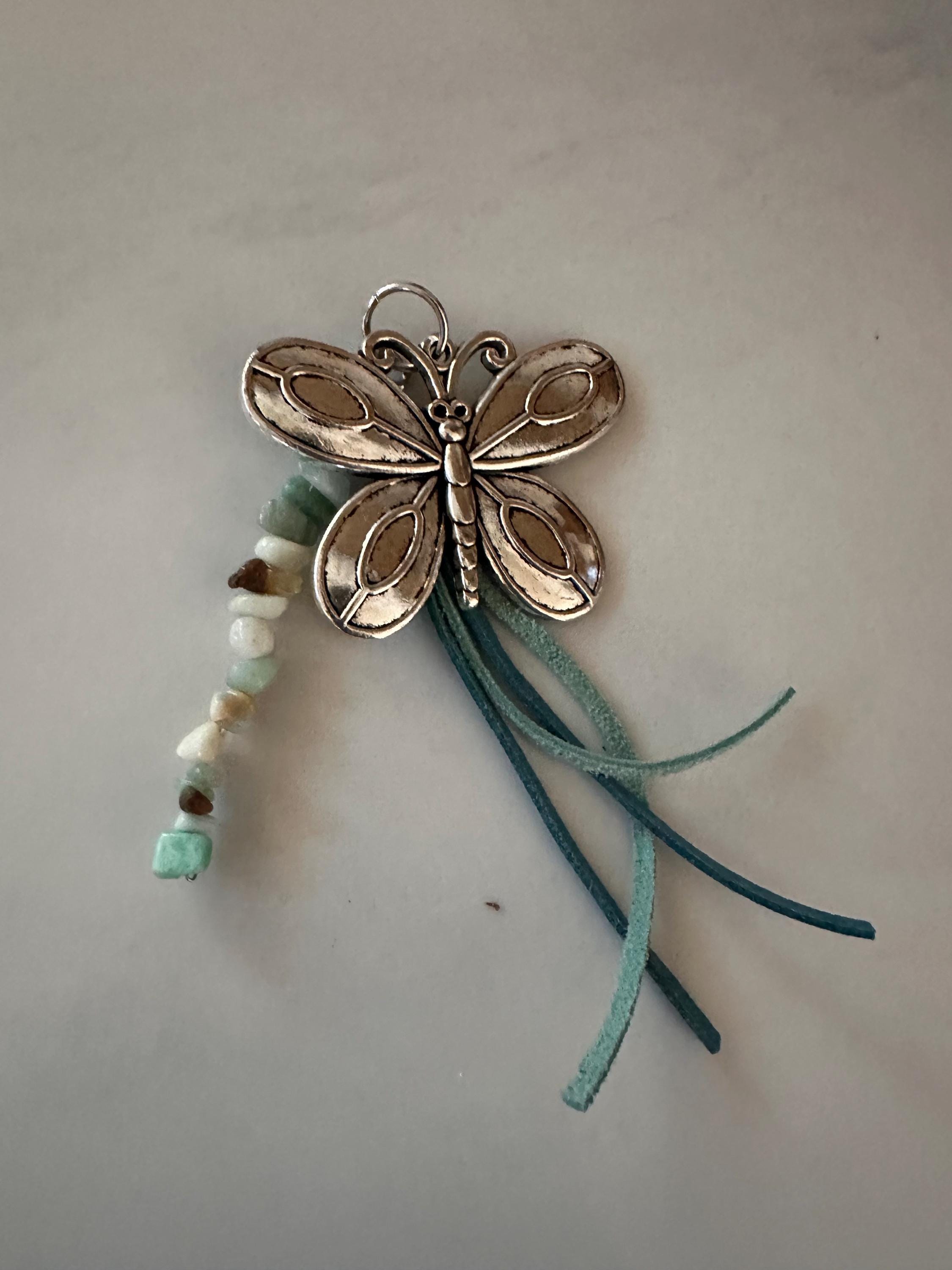 Car-Rear View Mirror Butterfly Amazonite Stone, Leather Cord, Stainless Steel Ball Chain