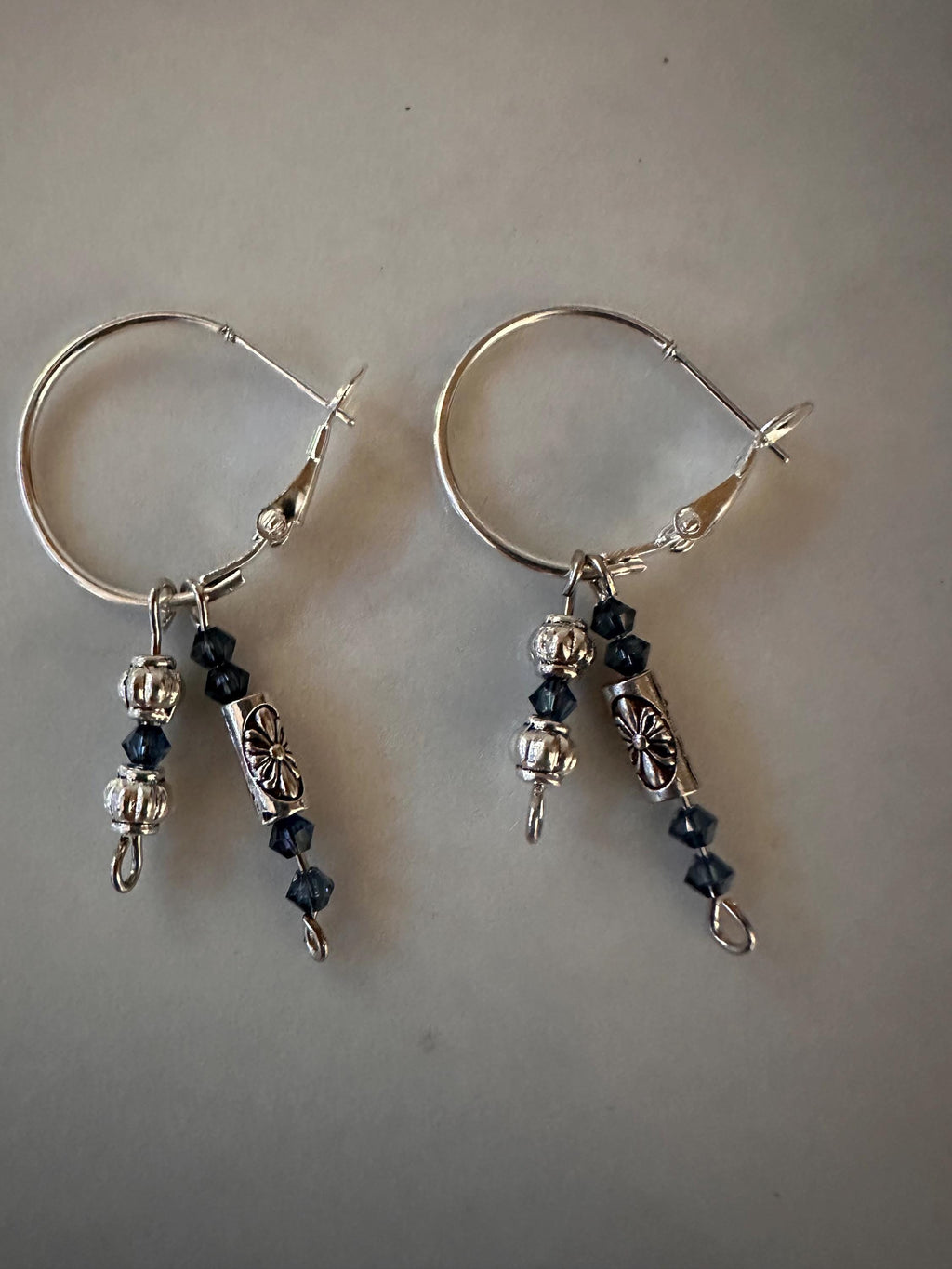 Blue Czech Bead Silver Hoops: 20mm Antique Style Earrings