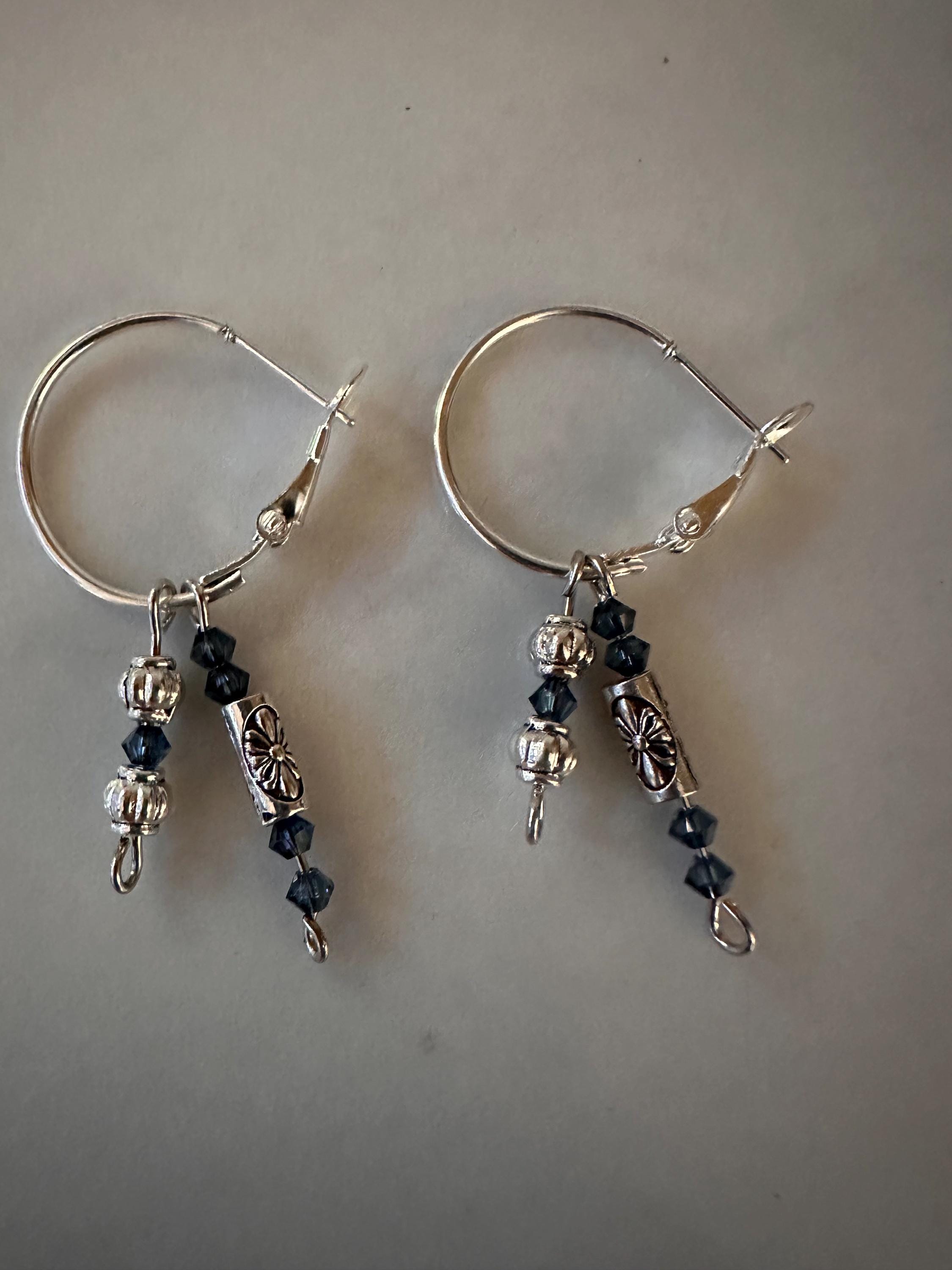 Blue Czech Bead Silver Hoops: 20mm Antique Style Earrings