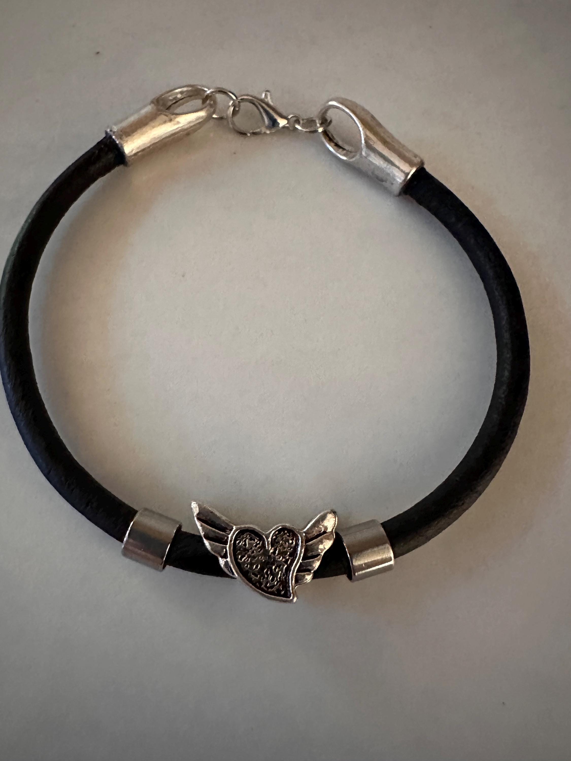 Leather Bracelet: Angel Wings Heart, Silver Beads