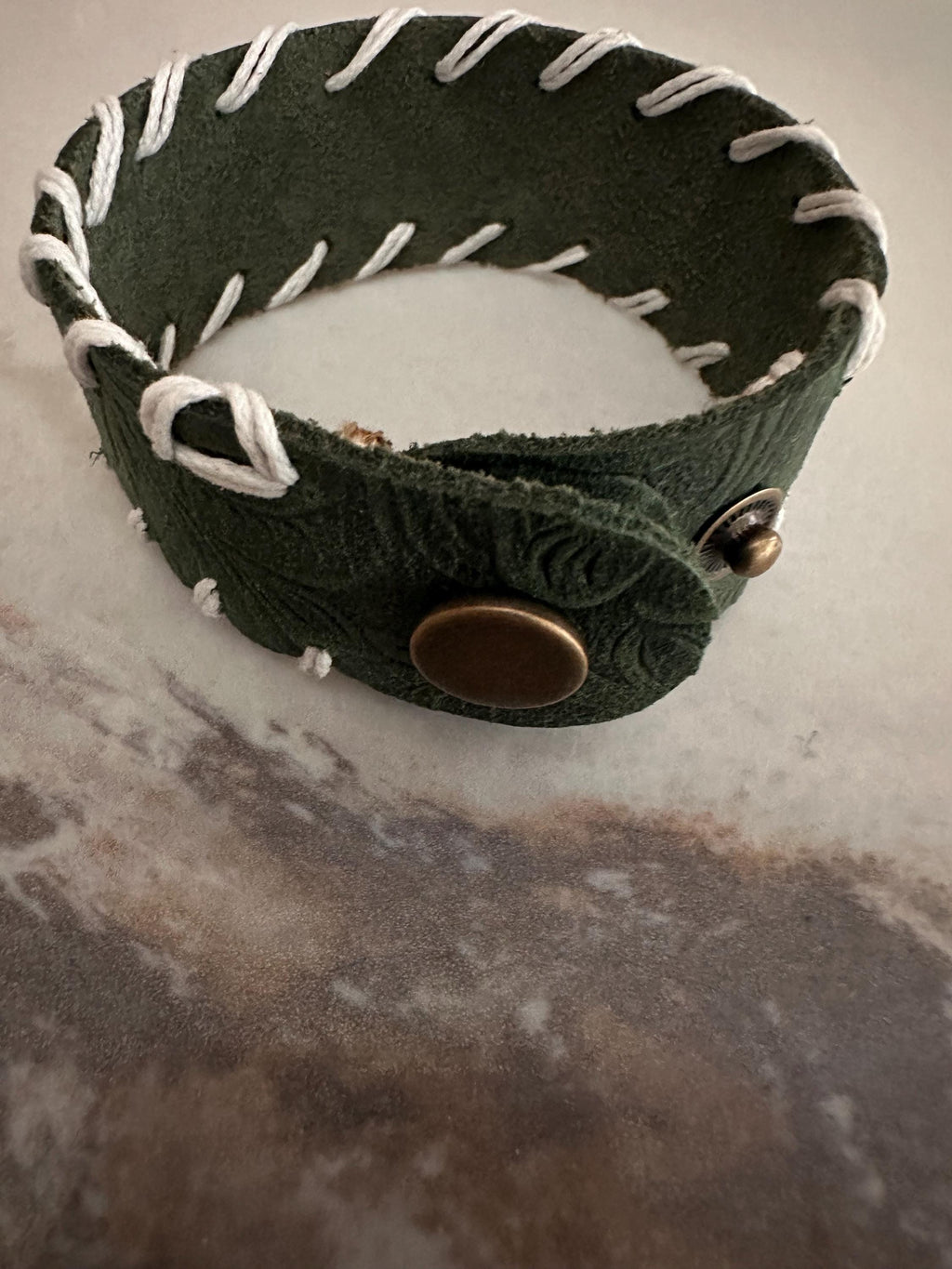Leather Cuff Bracelet: Dark Tooled Green, Threaded, Bronze Snap, Adjustable