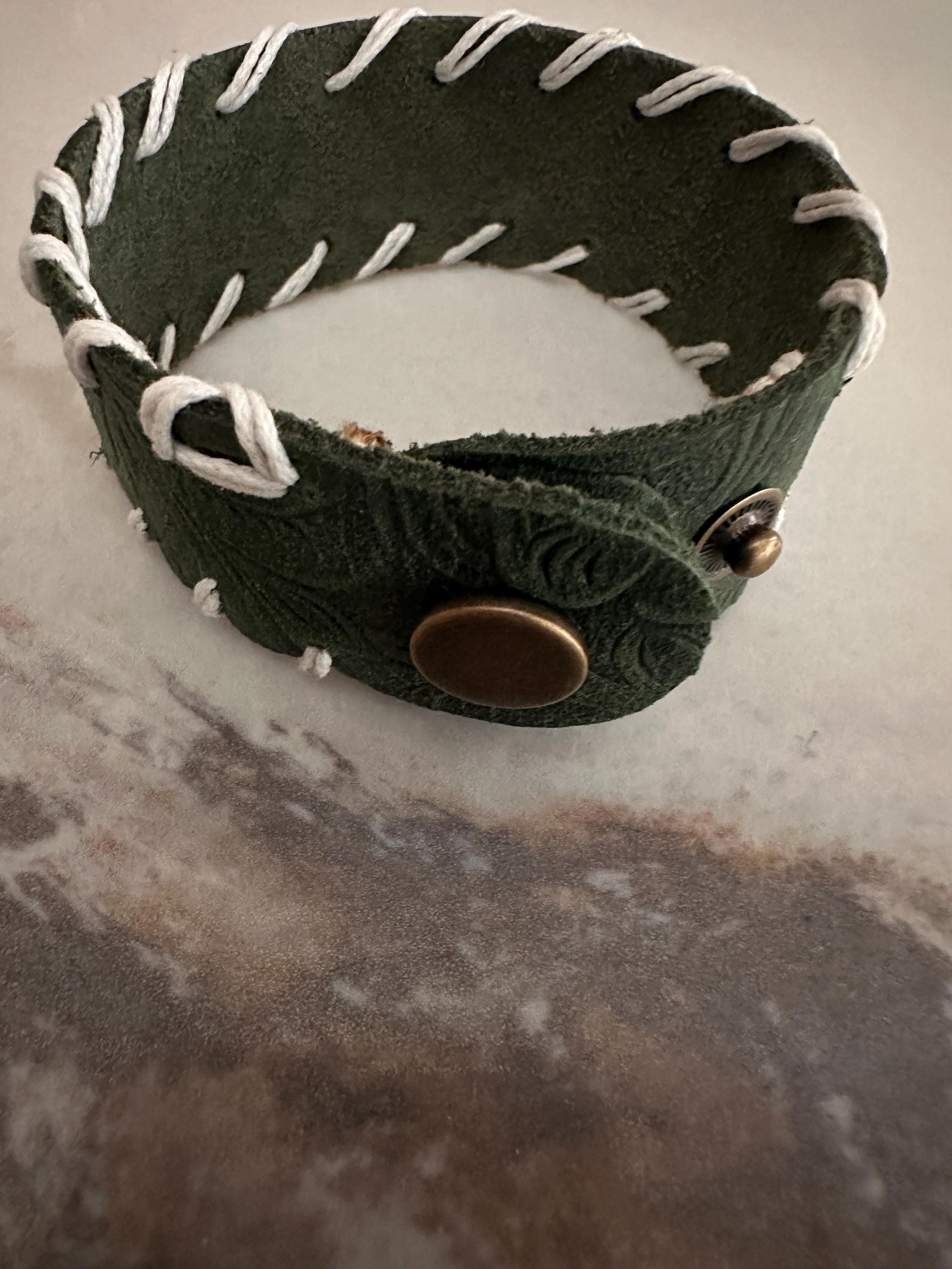 Leather Cuff Bracelet: Dark Tooled Green, Threaded, Bronze Snap, Adjustable