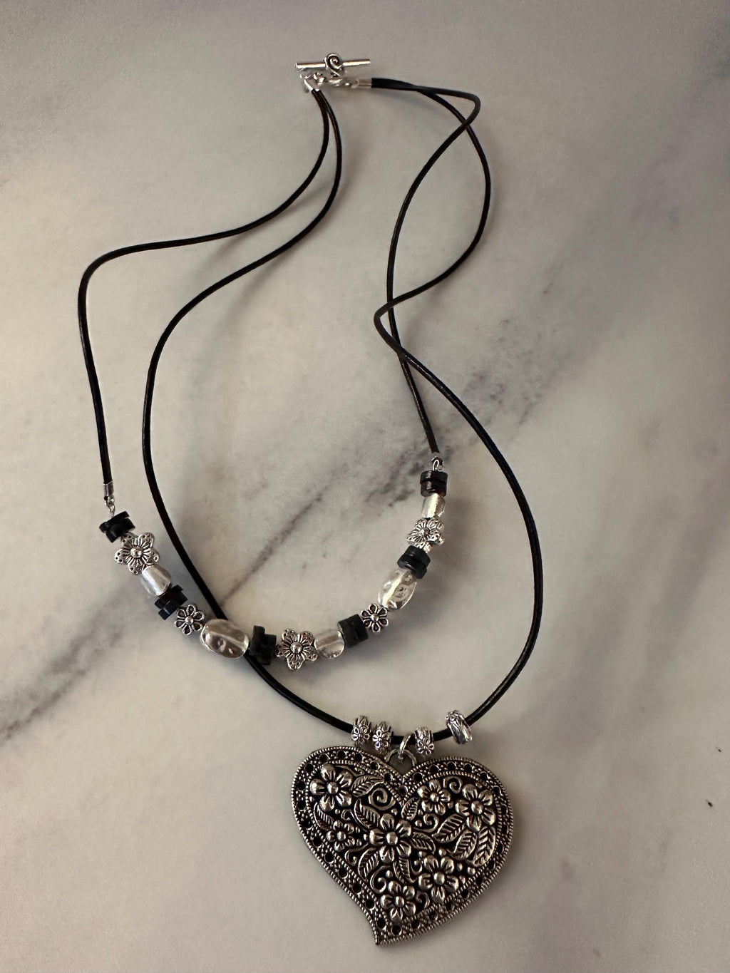 Antique Pewter Heart with silver beads on double layered black leather cord
