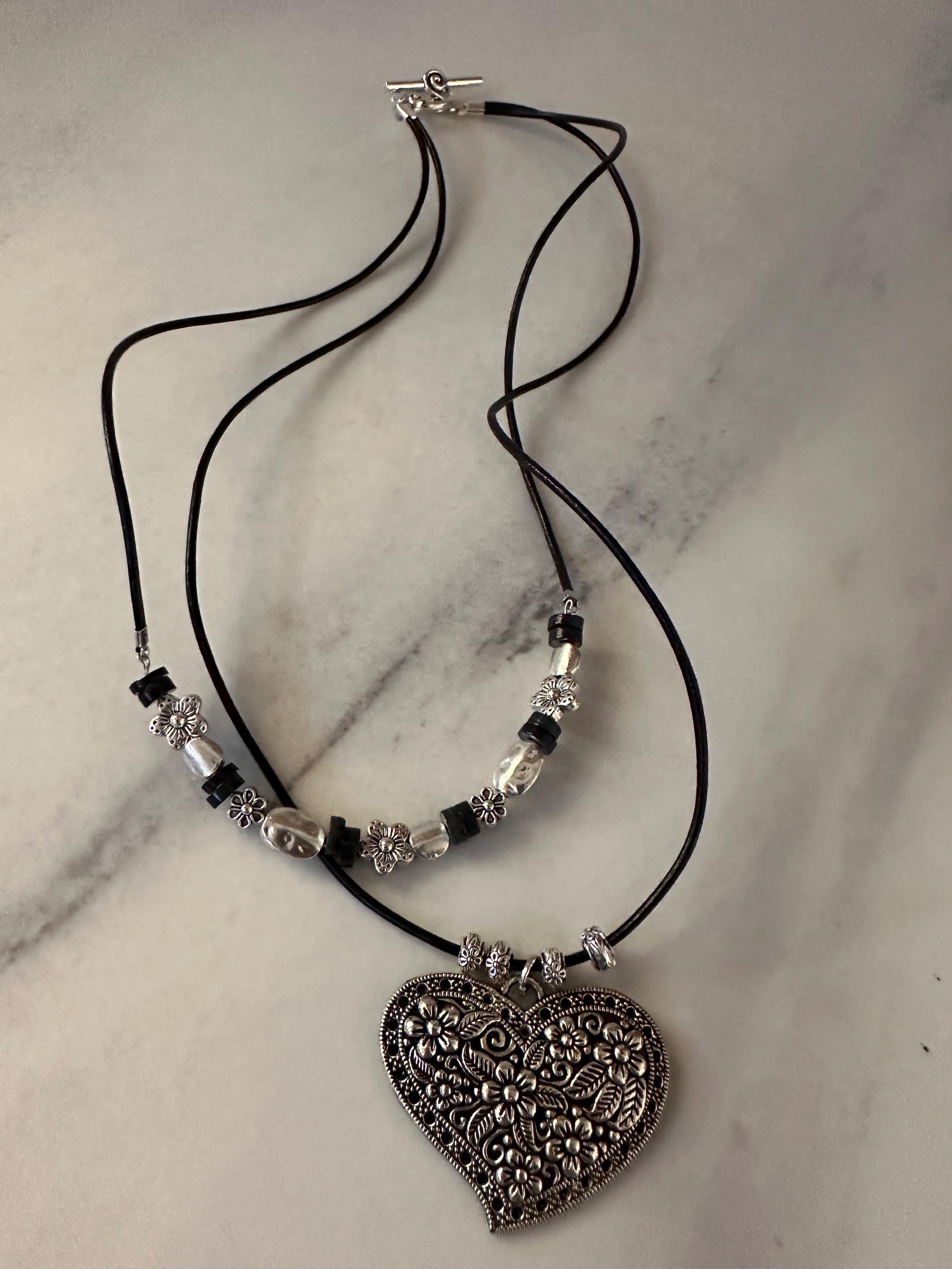 Antique Pewter Heart with silver beads on double layered black leather cord