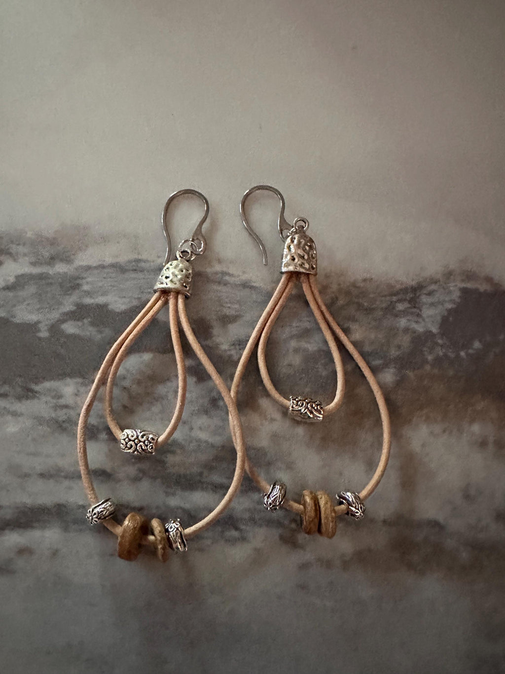 Earrings, Natural Leather, Silver Alloy Beads, Wood Beads with Stainless Steel Hooks
