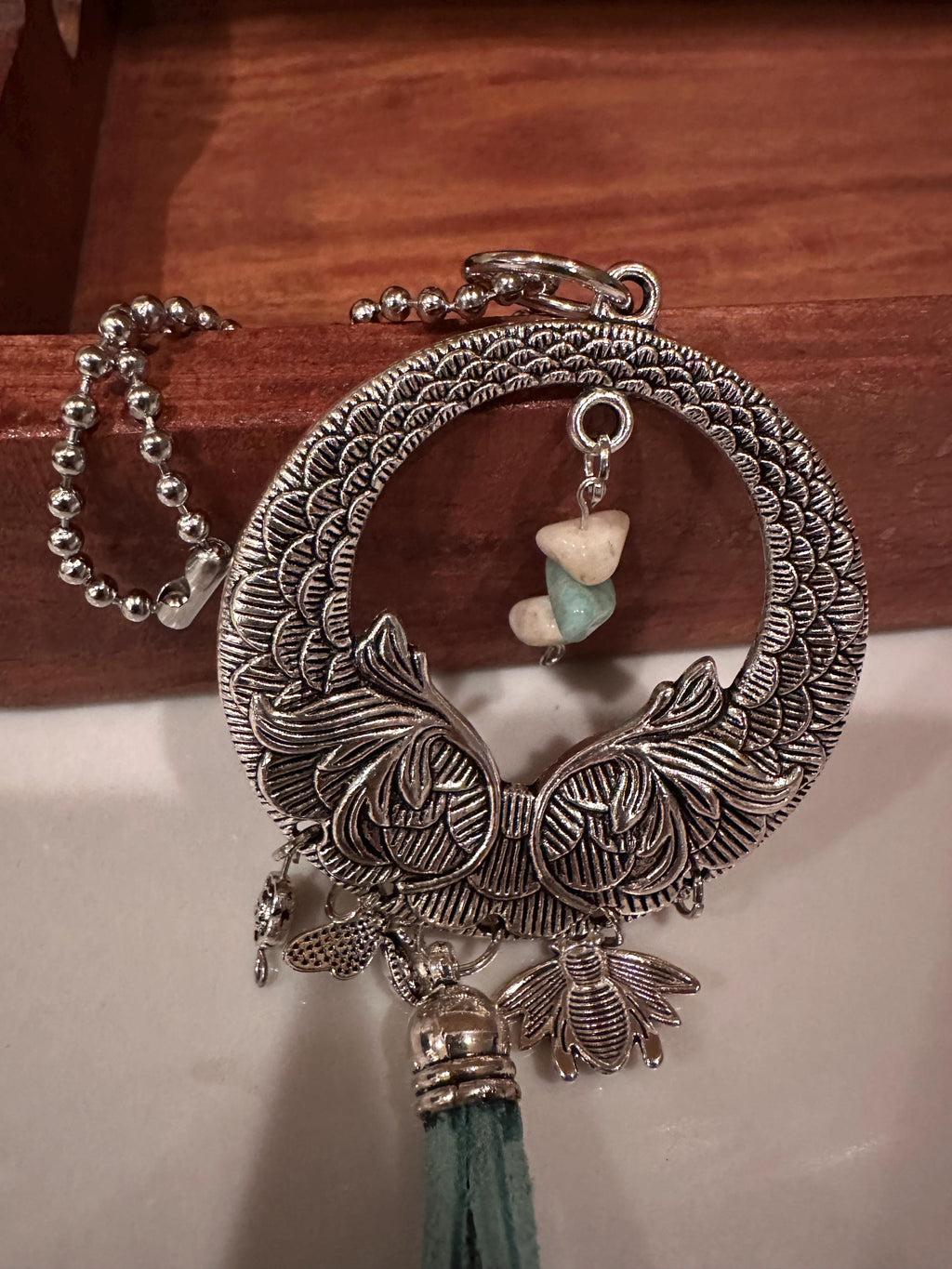 Car-Rear View Mirror Flower, Bees, Amazonite Stone, Leather Cord, Stainless Steel Ball Chain