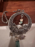 Car Jewelry-Rear View Mirror Flower, Bees, Amazonite Stone, Leather Cord, Stainless Steel Ball Chain