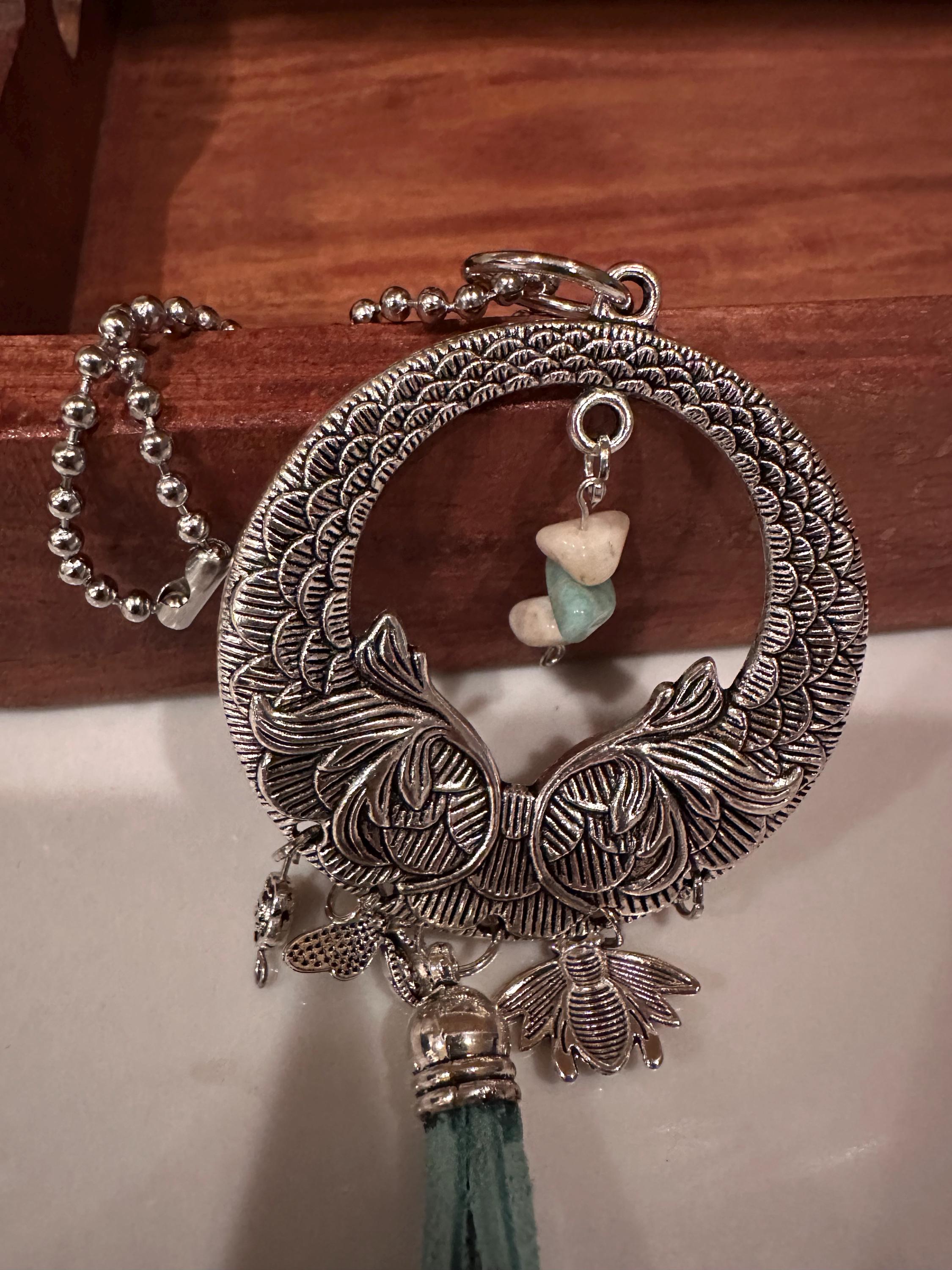 Car-Rear View Mirror Flower, Bees, Amazonite Stone, Leather Cord, Stainless Steel Ball Chain