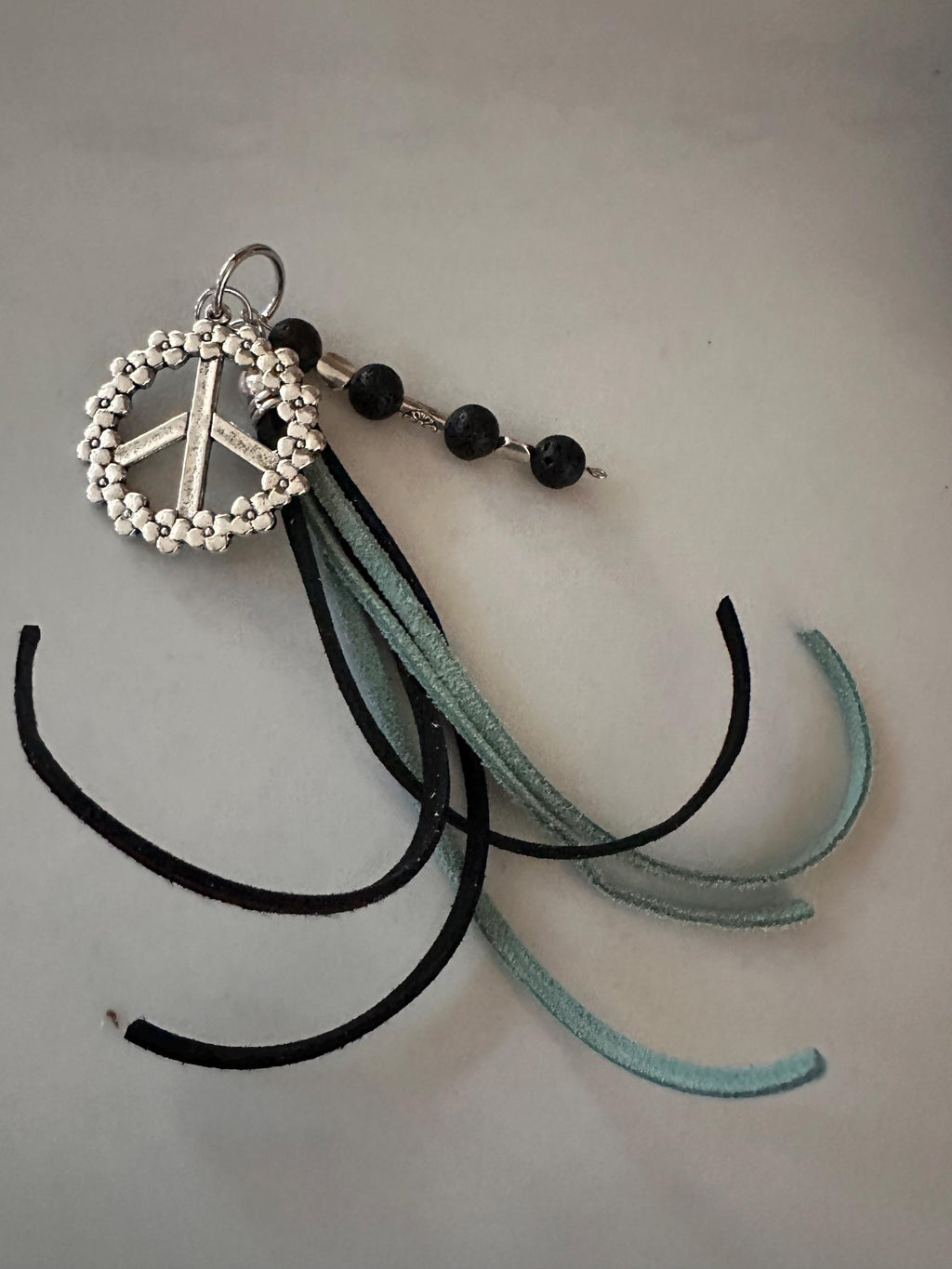 Car Rear View Mirror Peace Sign: Lava Stone, Leather Cord & Silver Beads