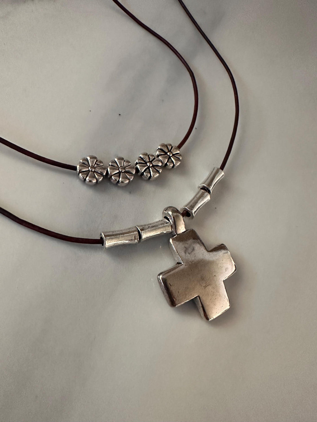 Antique Silver Square Cross with silver beads on double layered cherry brown leather cord