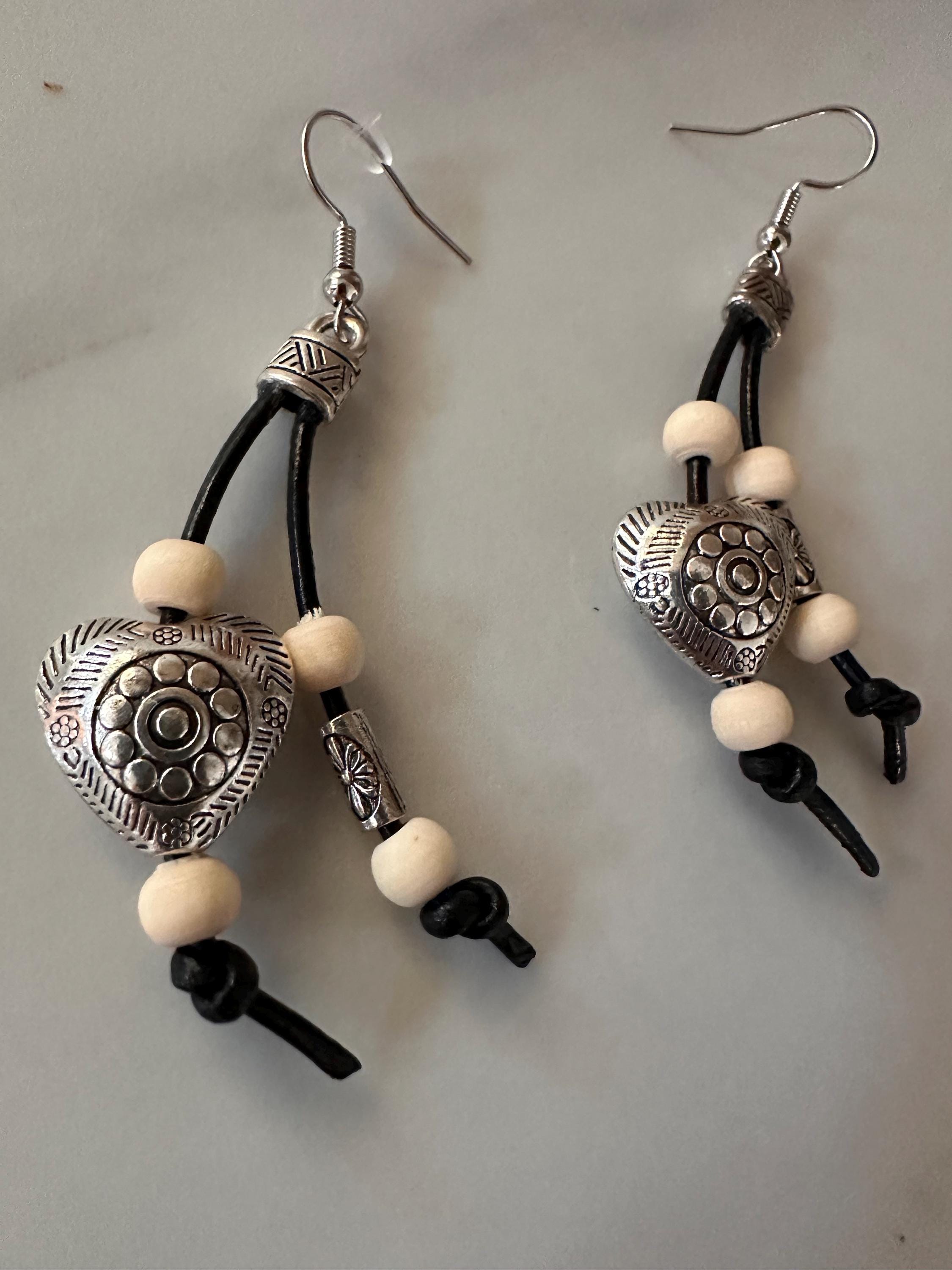 Antique Silver Heart and Beads, Leather Cord Earrings