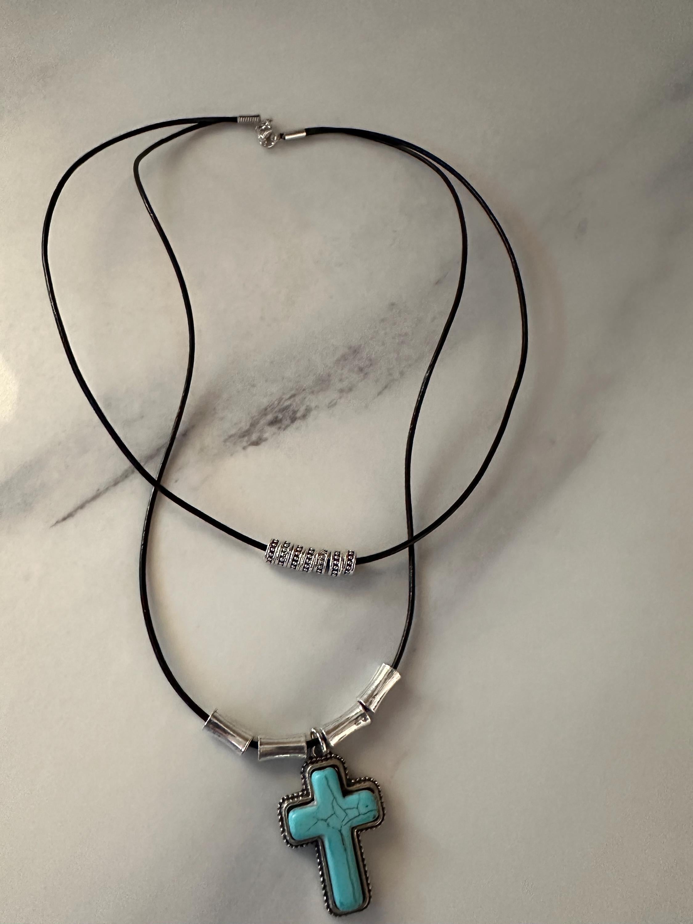 Pewter Turquoise-Style Cross Pendant: Silver Beads, Black Leather Cord