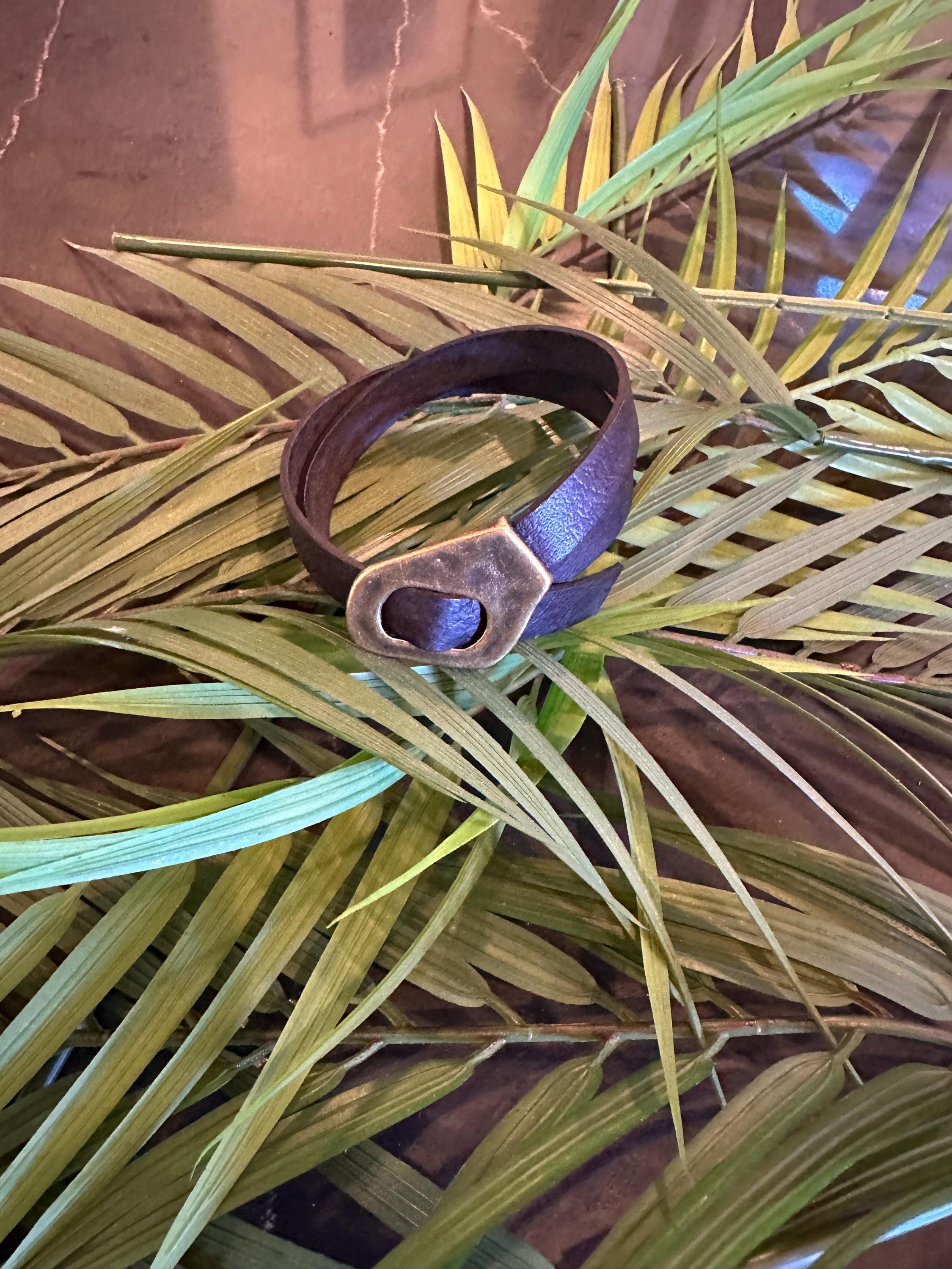 Leather Cuff Bracelet: Black Double Wrap, Bronze Buckle, Adjustable
