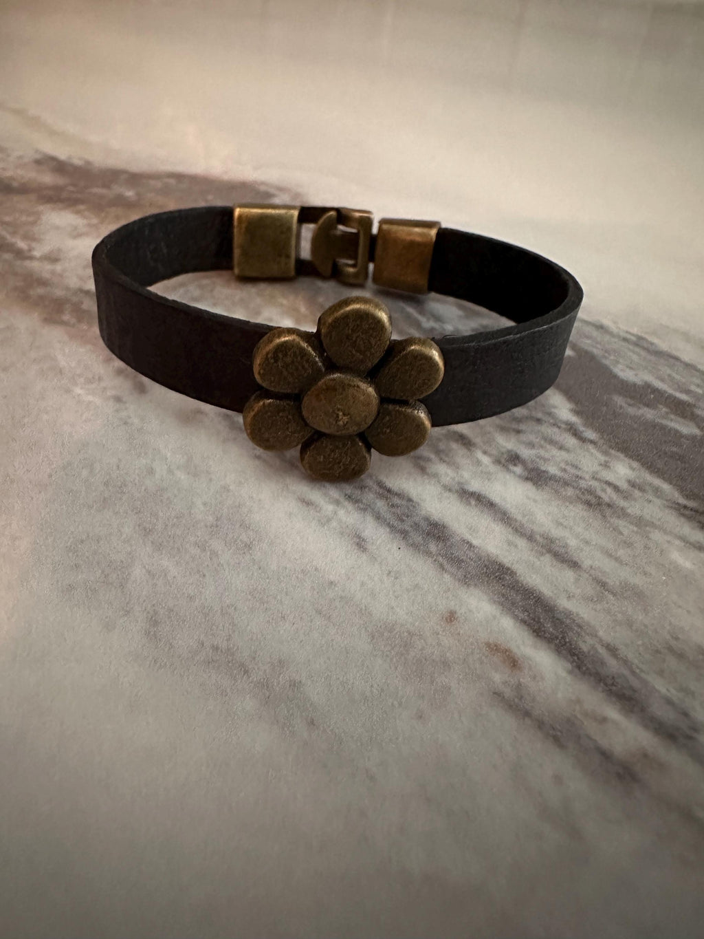 Leather Cuff Bracelet:  Black, Bronze Flower, Clasp