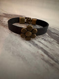 Bracelet, Leather, Black, Bronze Flower, Clasp
