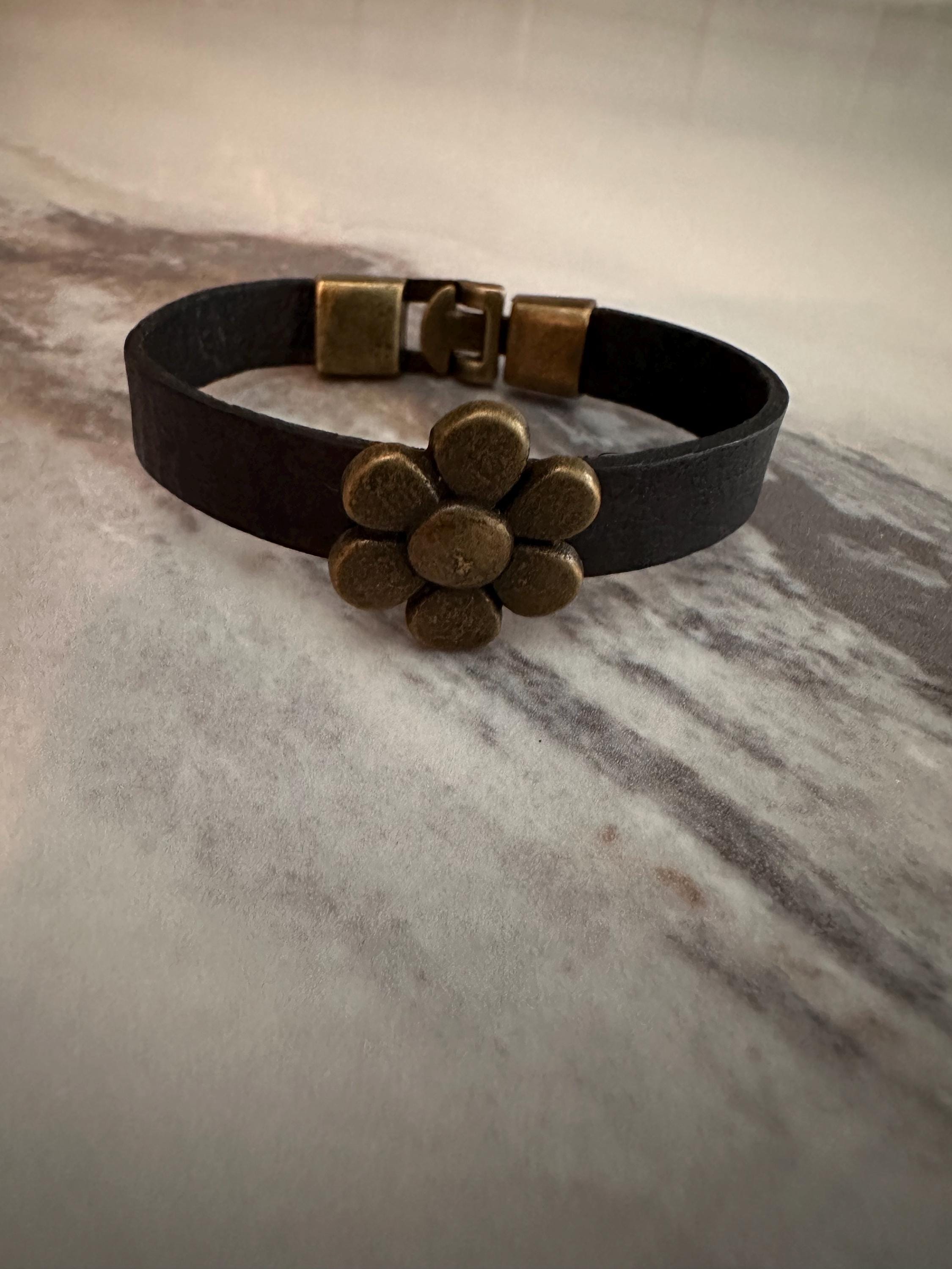 Leather Cuff Bracelet:  Black, Bronze Flower, Clasp