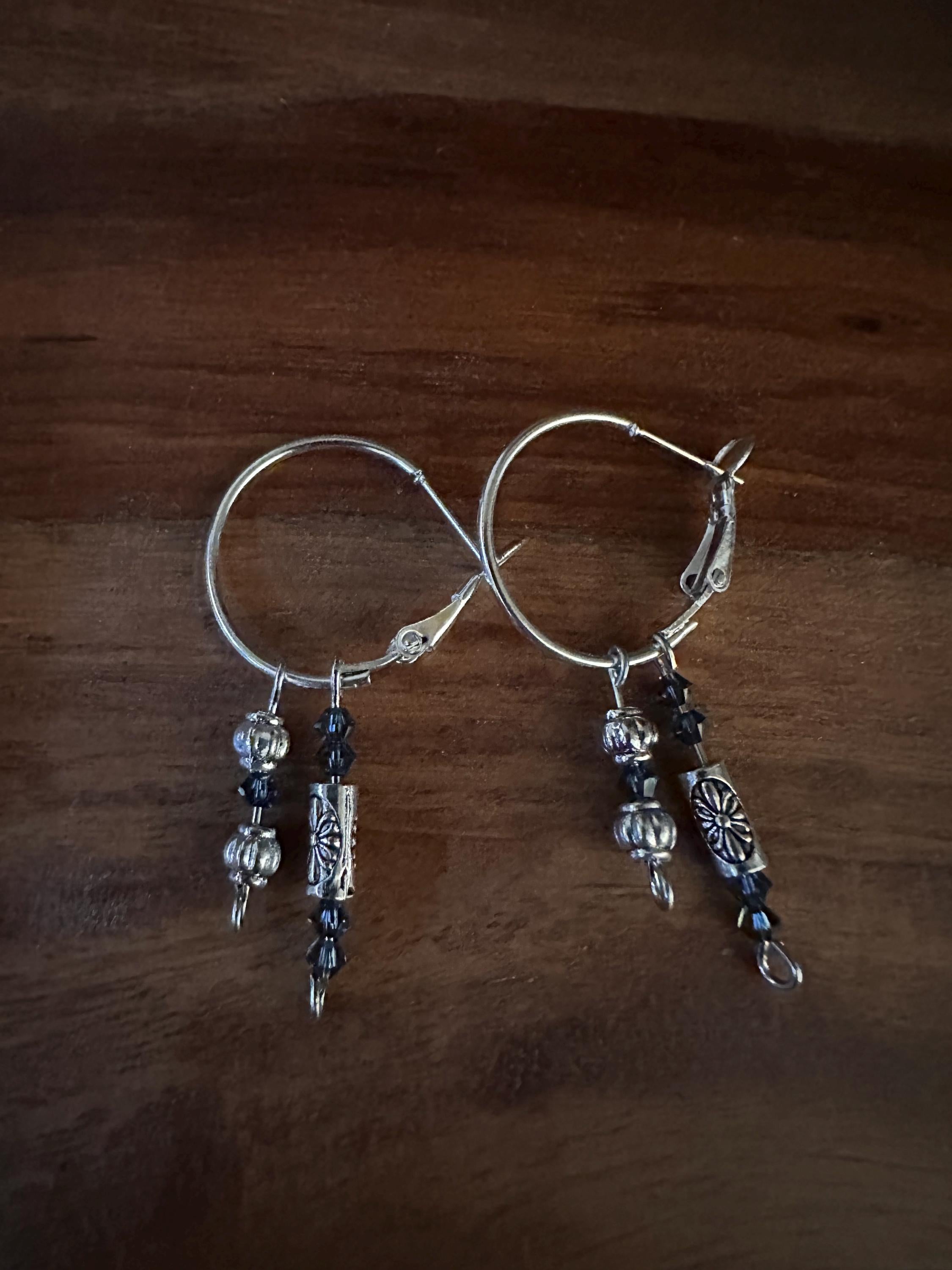 Blue Czech Bead Silver Hoops: 20mm Antique Style Earrings