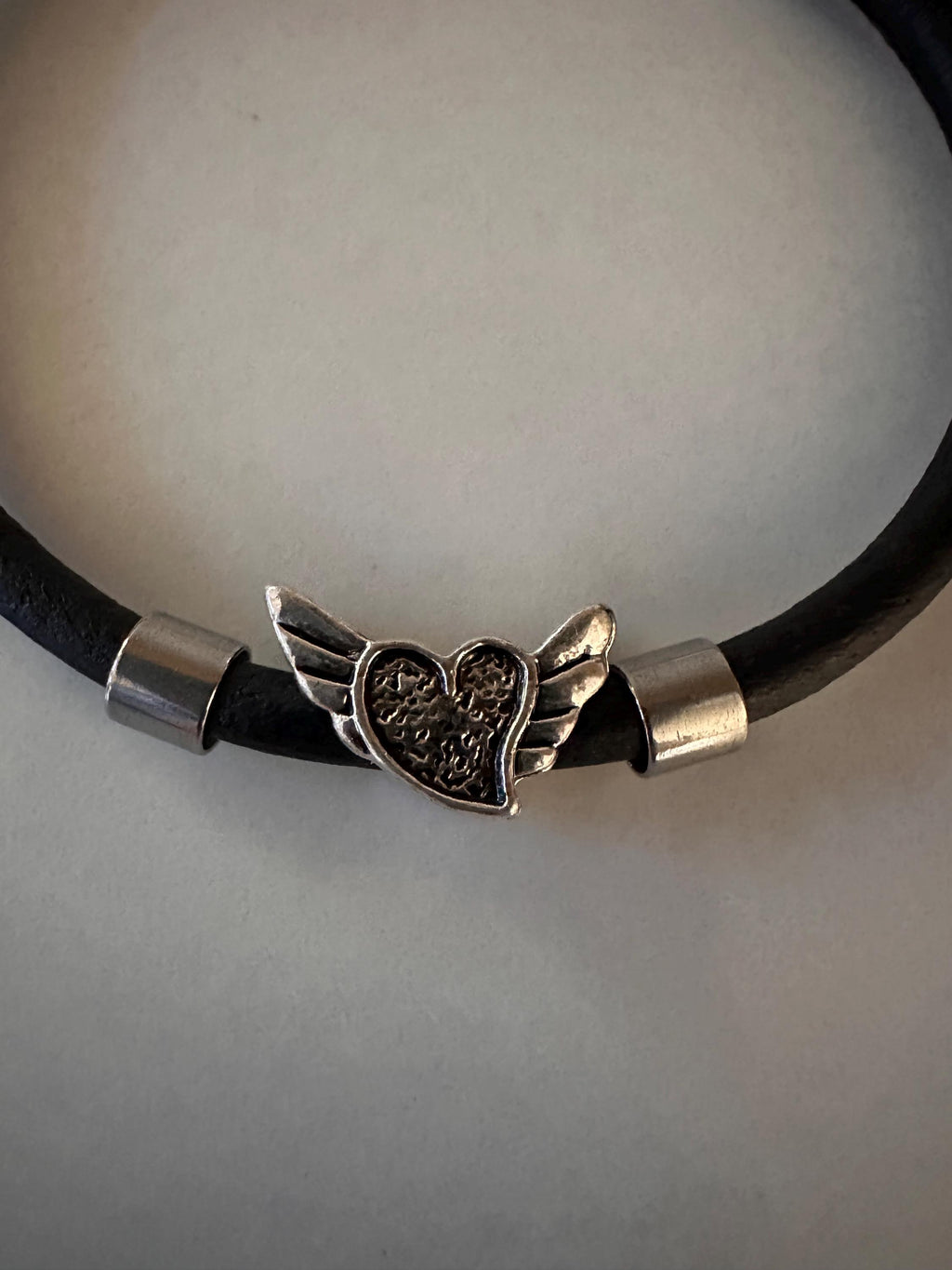 Leather Bracelet: Angel Wings Heart, Silver Beads