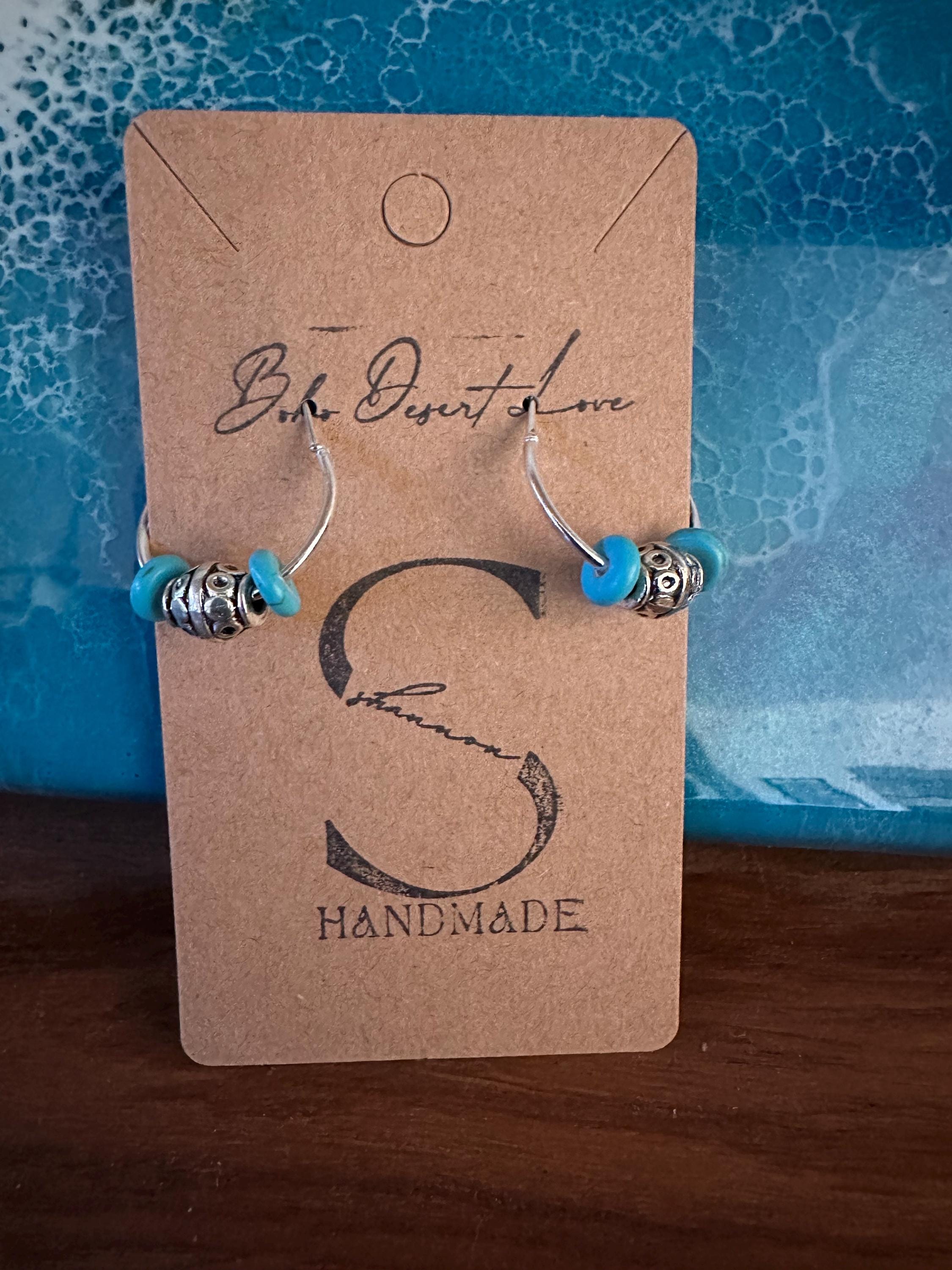Silver Hoop Earrings with Turquoise & Antique Silver Beads (20mm)