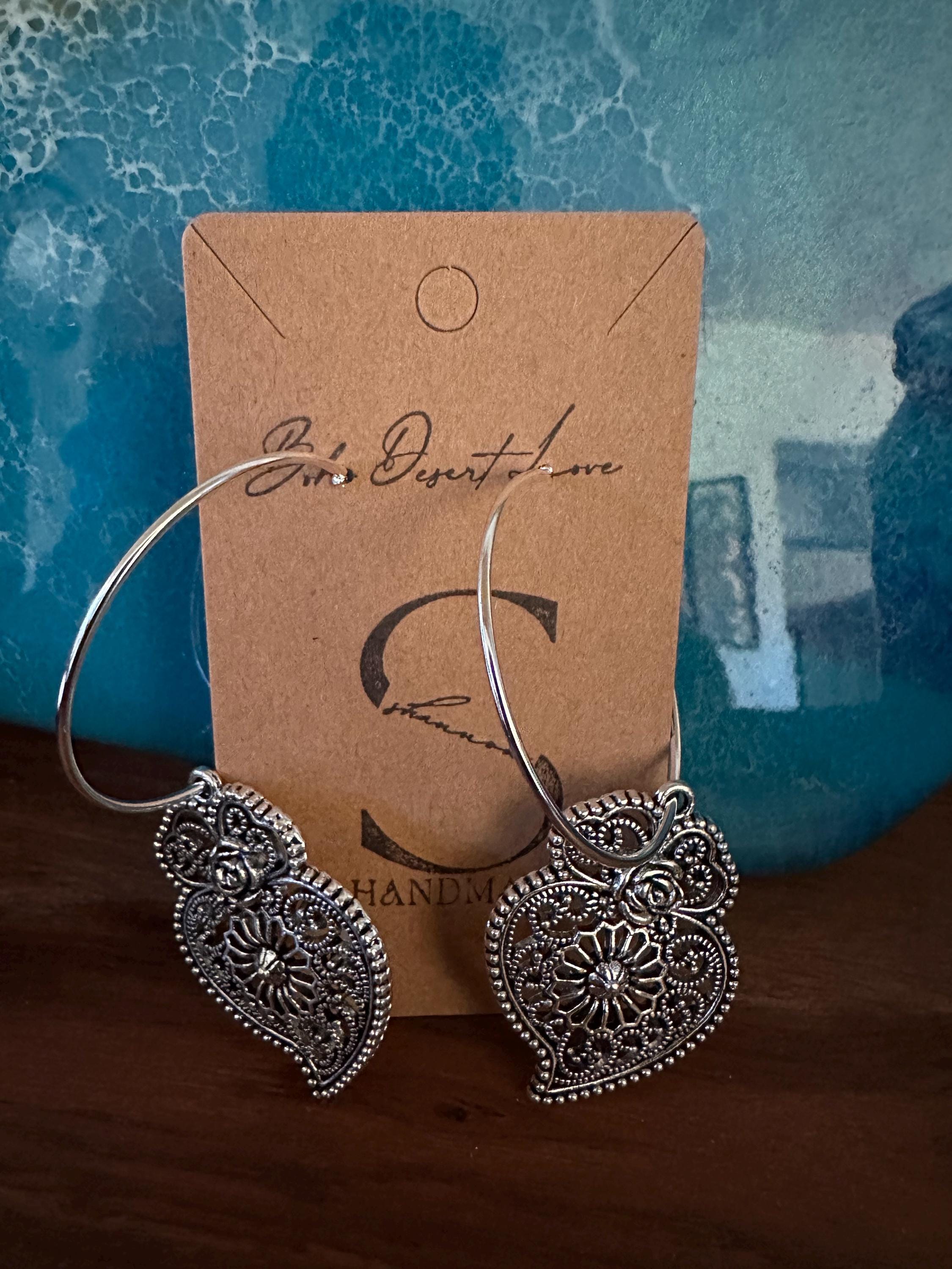 Silver Hoops  35mm with  Antique silver pendant