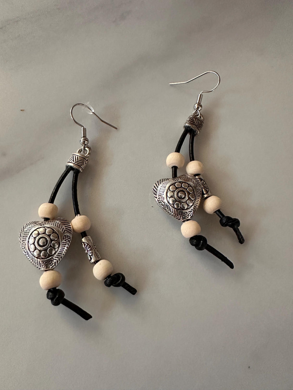 Antique Silver Heart and Beads, Leather Cord Earrings