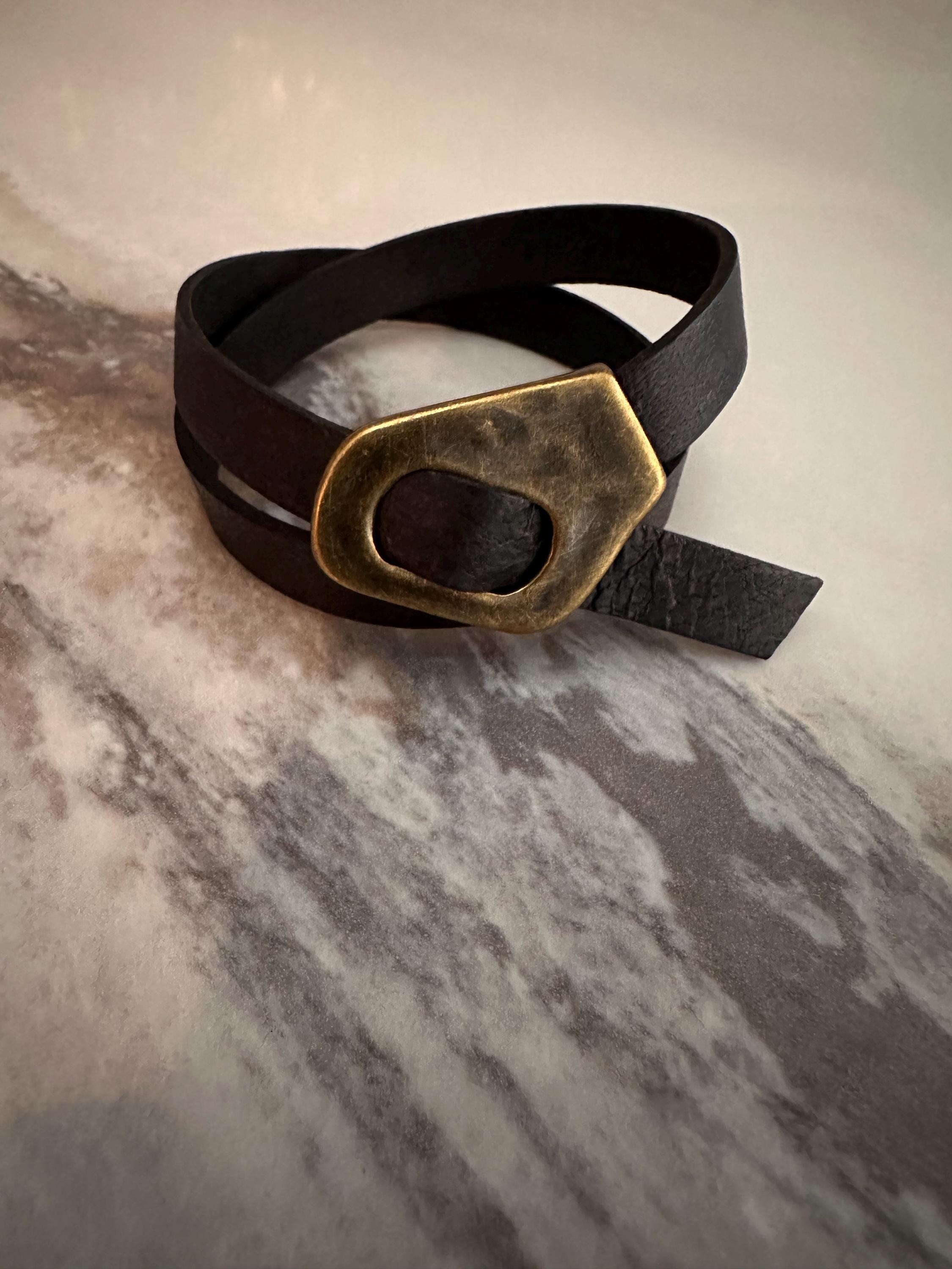 Leather Cuff Bracelet: Black Double Wrap, Bronze Buckle, Adjustable