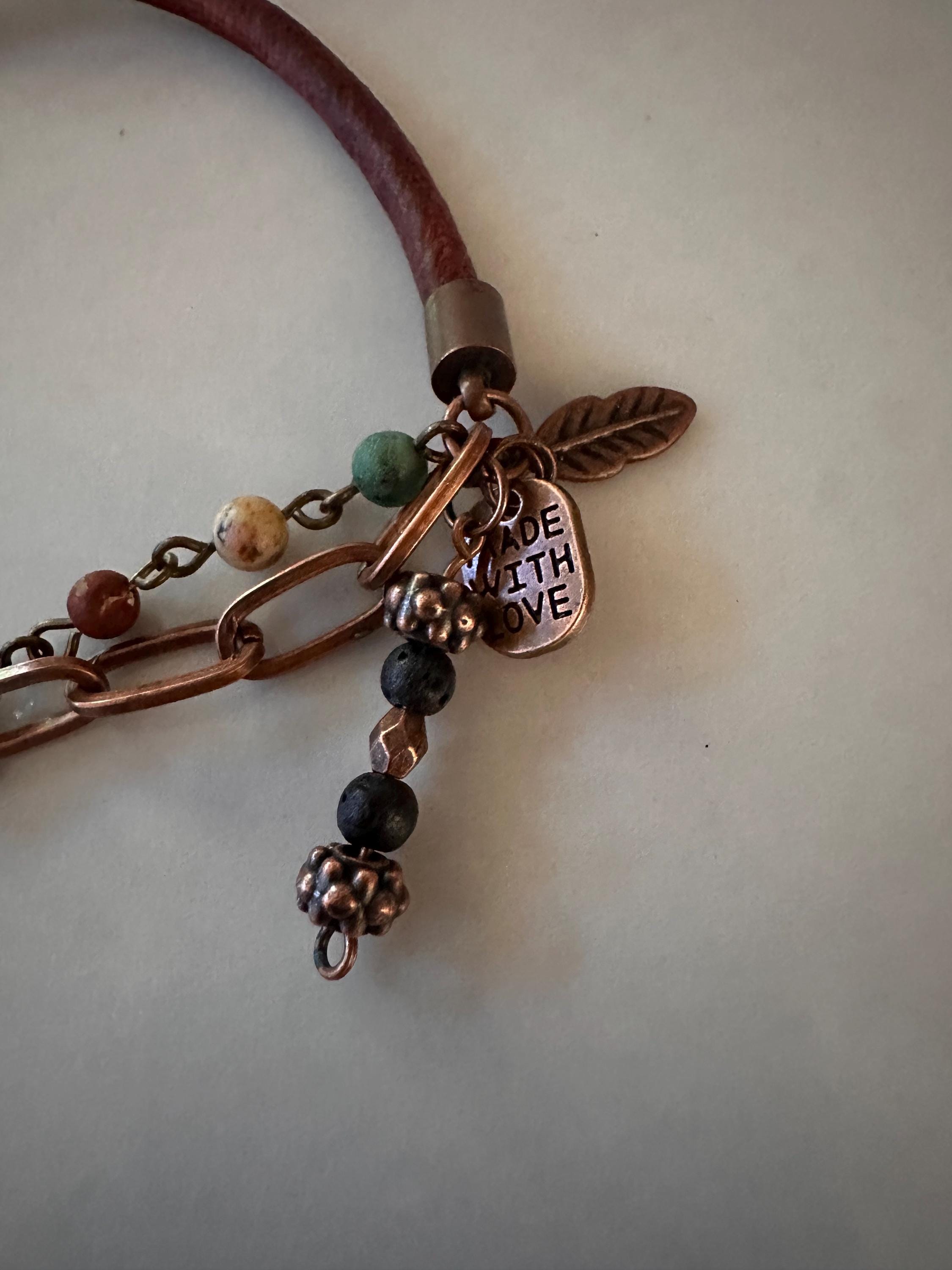 Leather Bracelet: Bronze, African Bead, Copper Chain