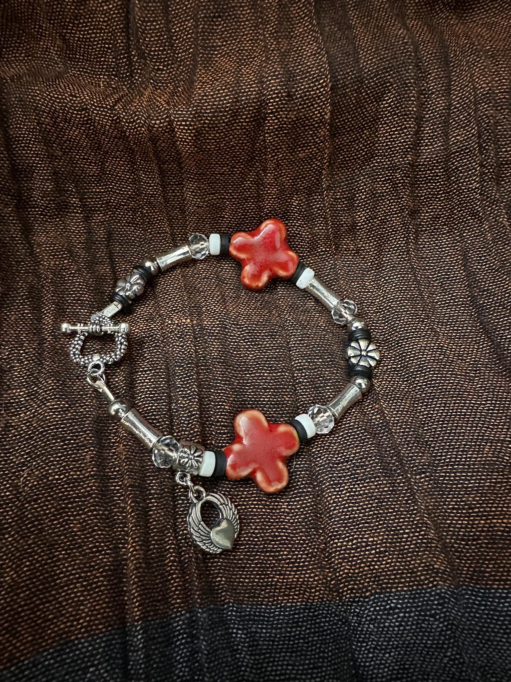 Bracelet,  Red Ceramic bead and stainless beads