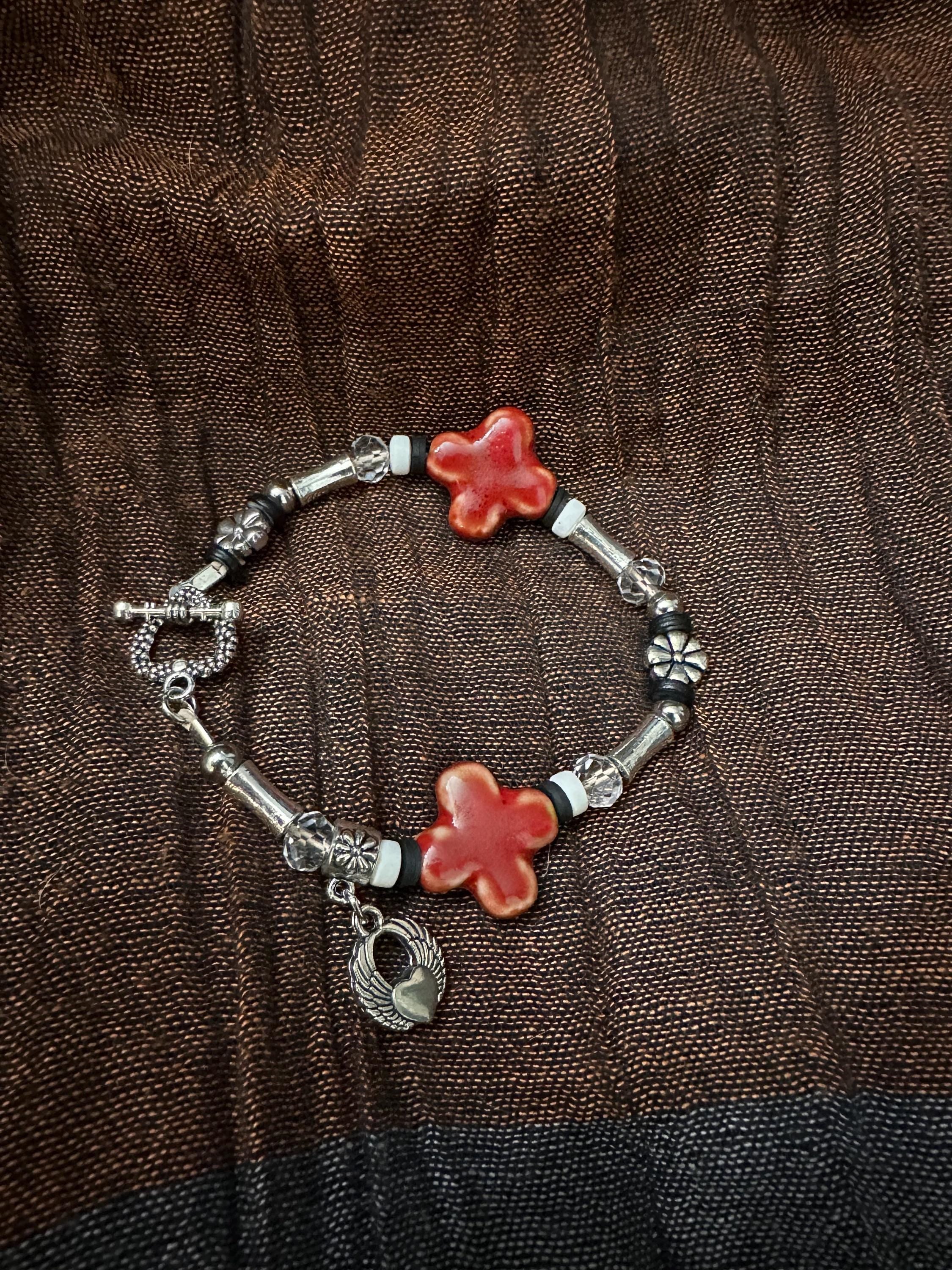 Bracelet,  Red Ceramic bead and stainless beads