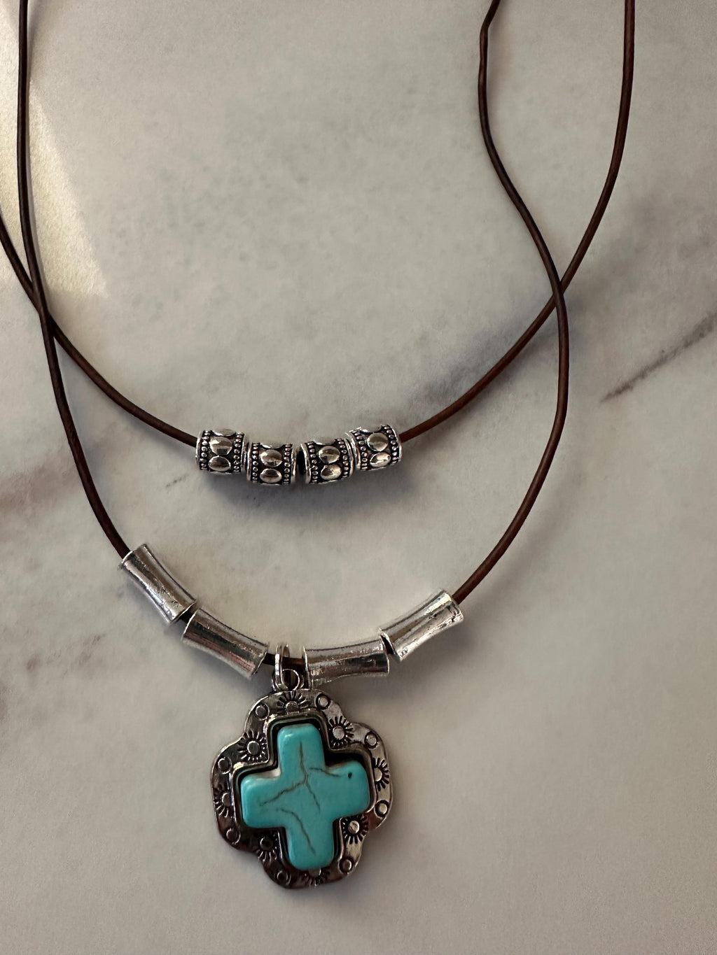 Antique Pewter Turquoise-like Cross Pendant: Silver Beads, Cherry Brown Leather Cord