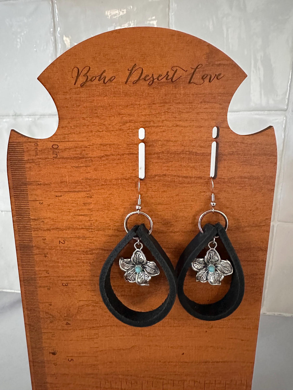 Leather and Antique Silver Flower Earrings