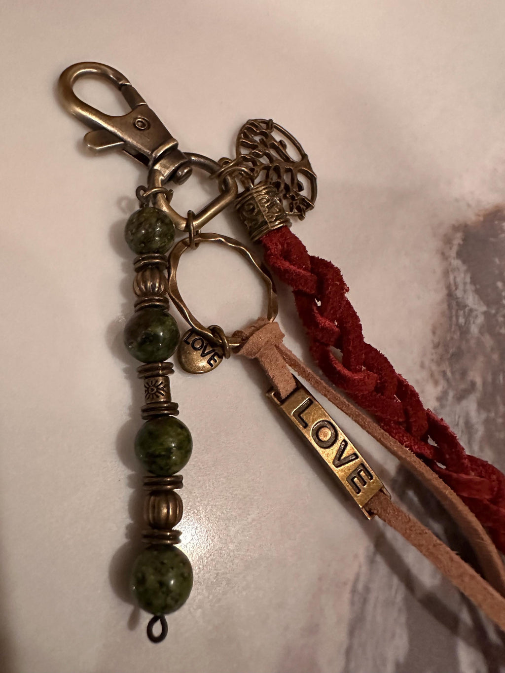 Brushed Bronze Key Chain: Leather, Tree, Agate Beads & Charms
