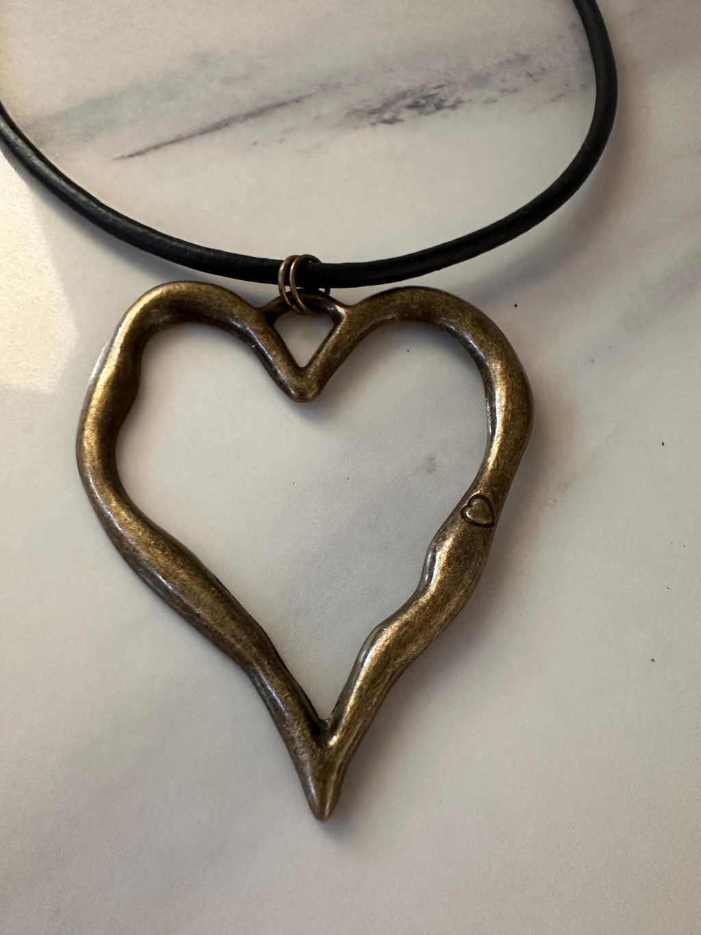 Antique Bronze Heart on Black Leather Cord