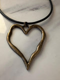 Necklace, Antique Bronze Heart on Black Leather Cord