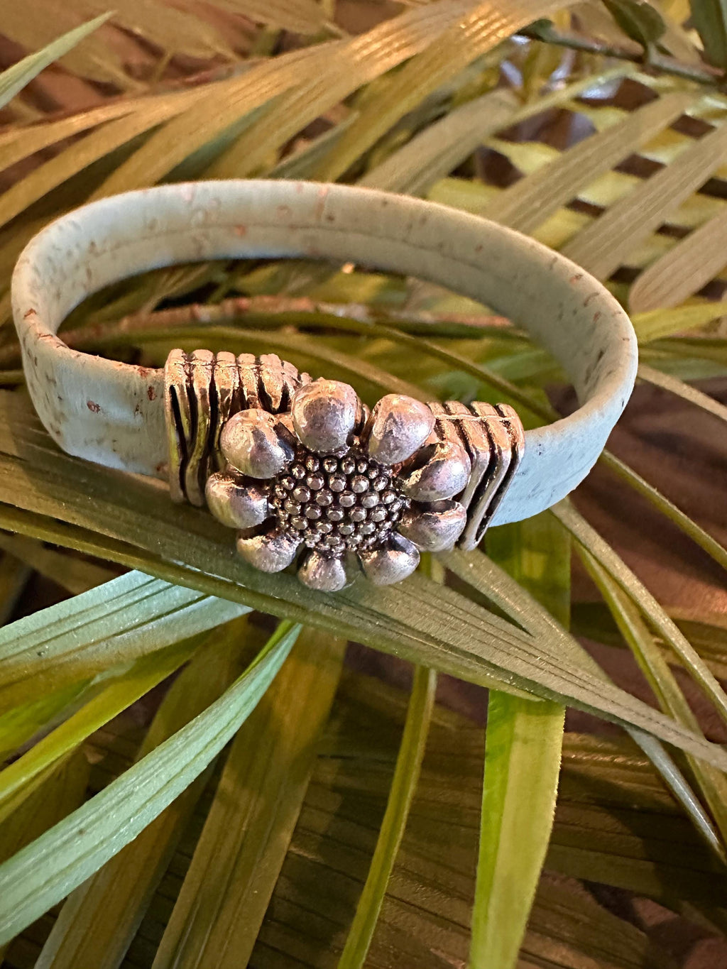 Cork Cuff Bracelet: Teal, Antique Silver SunFlower Slider, Silver Clasp