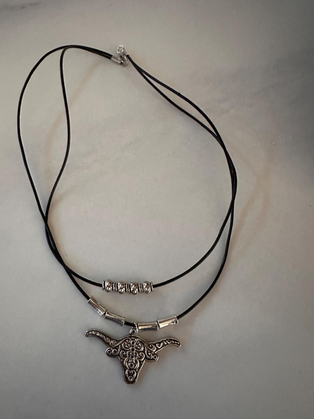 Antique Silver Steer: Silver Beads, Black Leather Cord