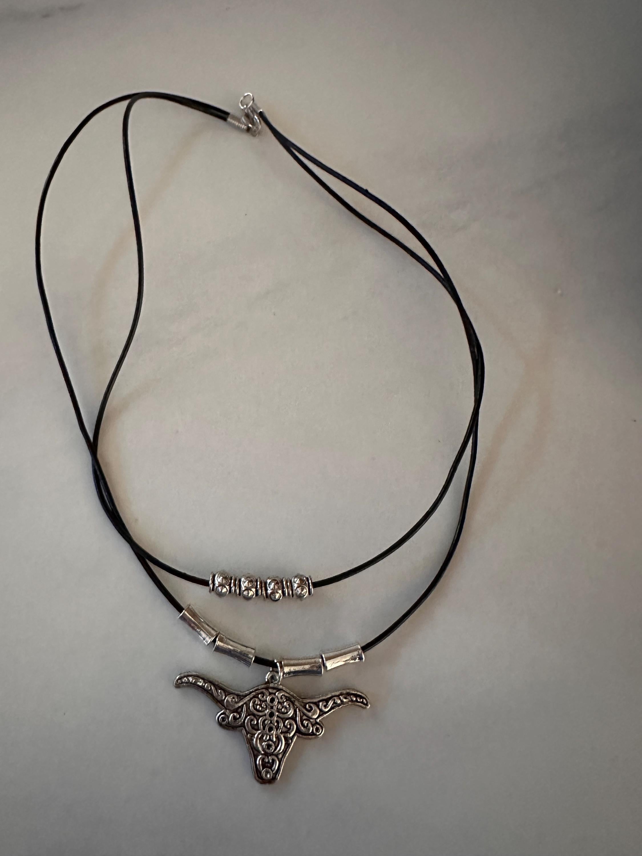 Antique Silver Steer: Silver Beads, Black Leather Cord