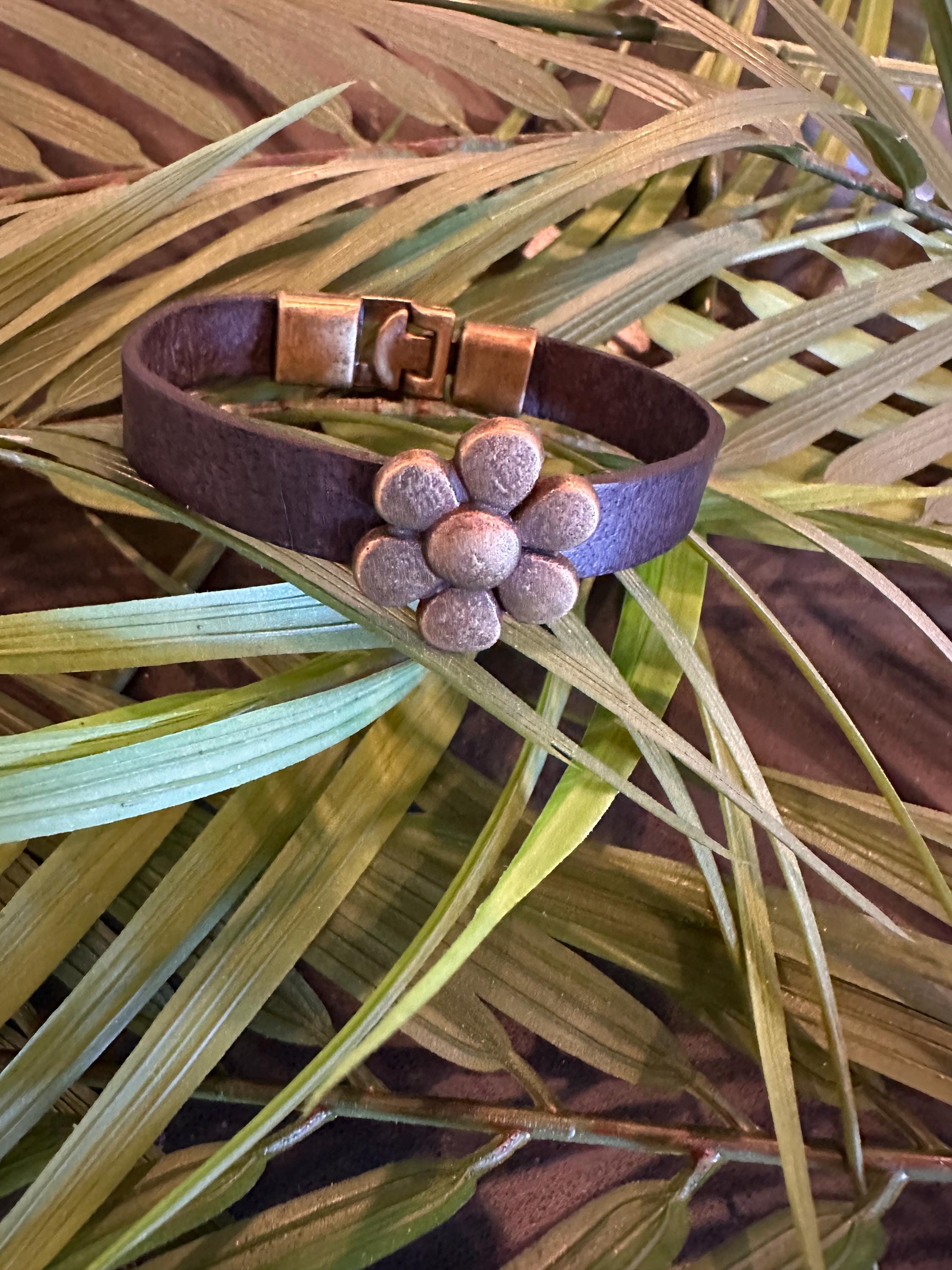 Leather Cuff Bracelet:  Black, Bronze Flower, Clasp