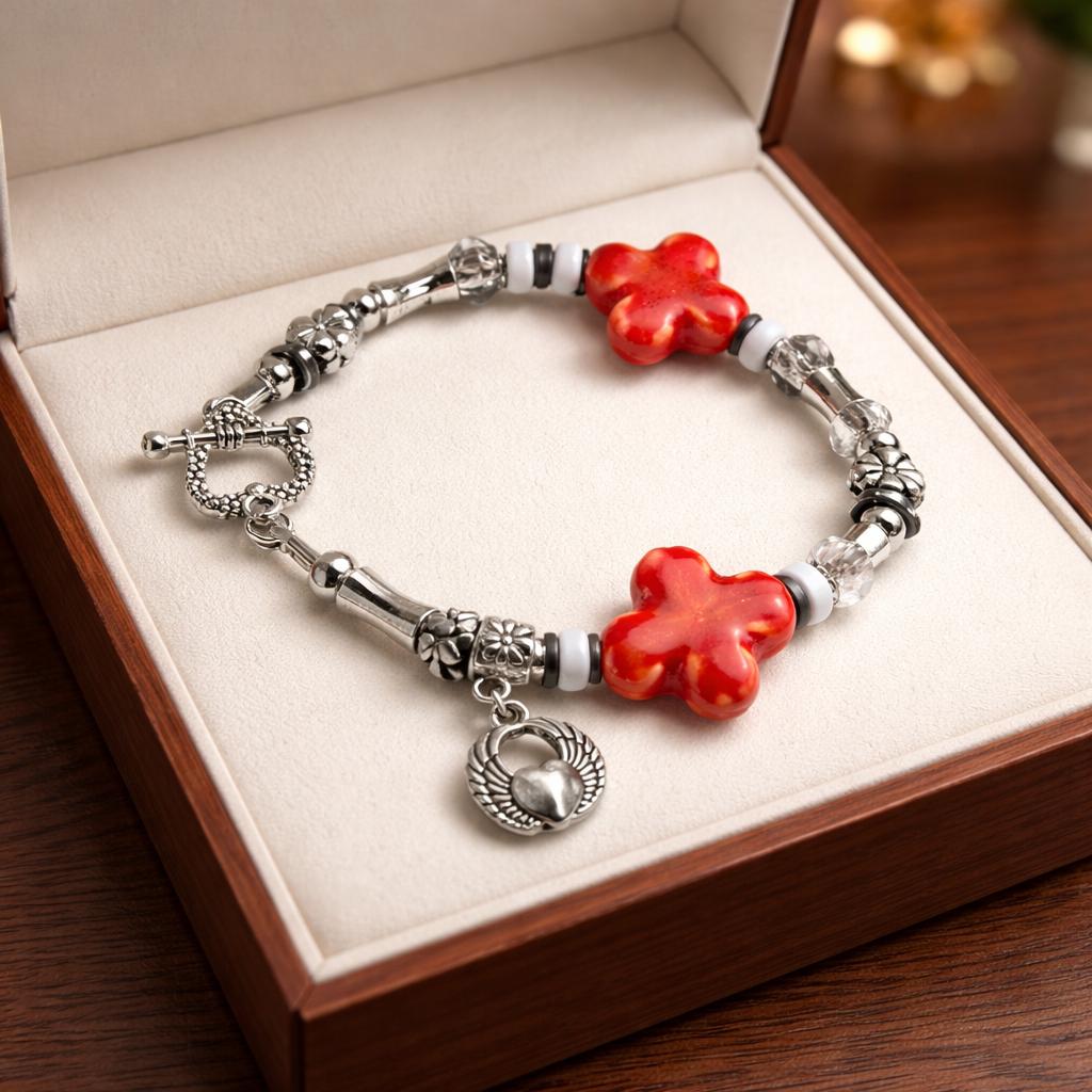 Bracelet,  Red Ceramic bead and stainless beads