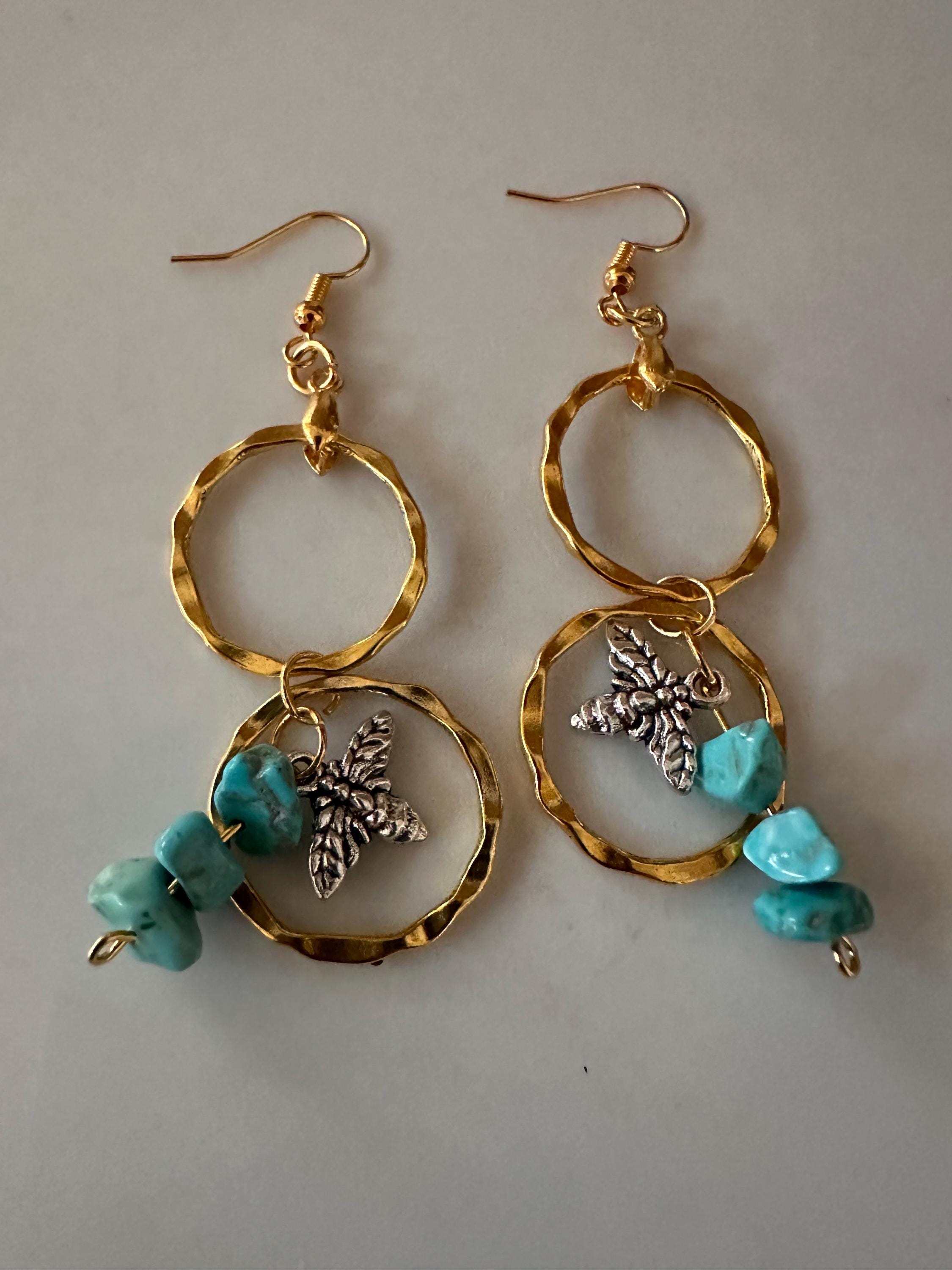 Turquoise Stone, Gold Plated Rings with Antique Silver Bee Earrings