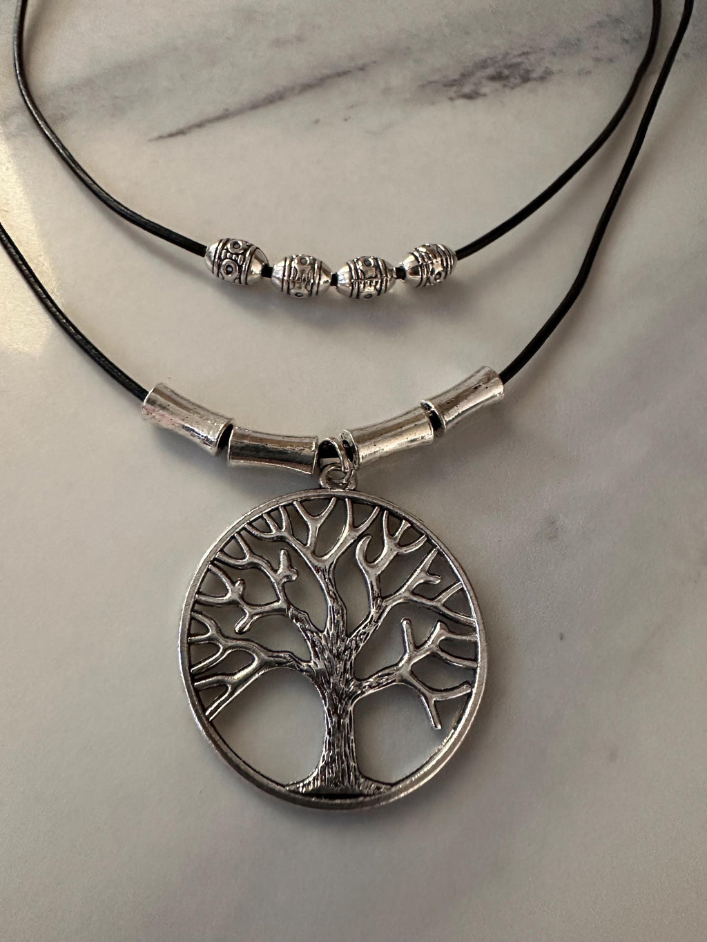 Antique Pewter Tree of Life with silver beads on double layered black leather cord