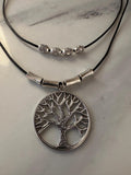 Necklace, Antique Pewter Tree of Life with silver beads on double layered black leather cord