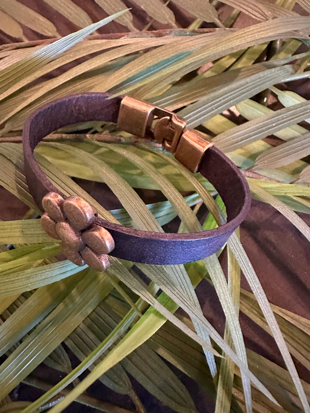 Leather Cuff Bracelet:  Black, Bronze Flower, Clasp