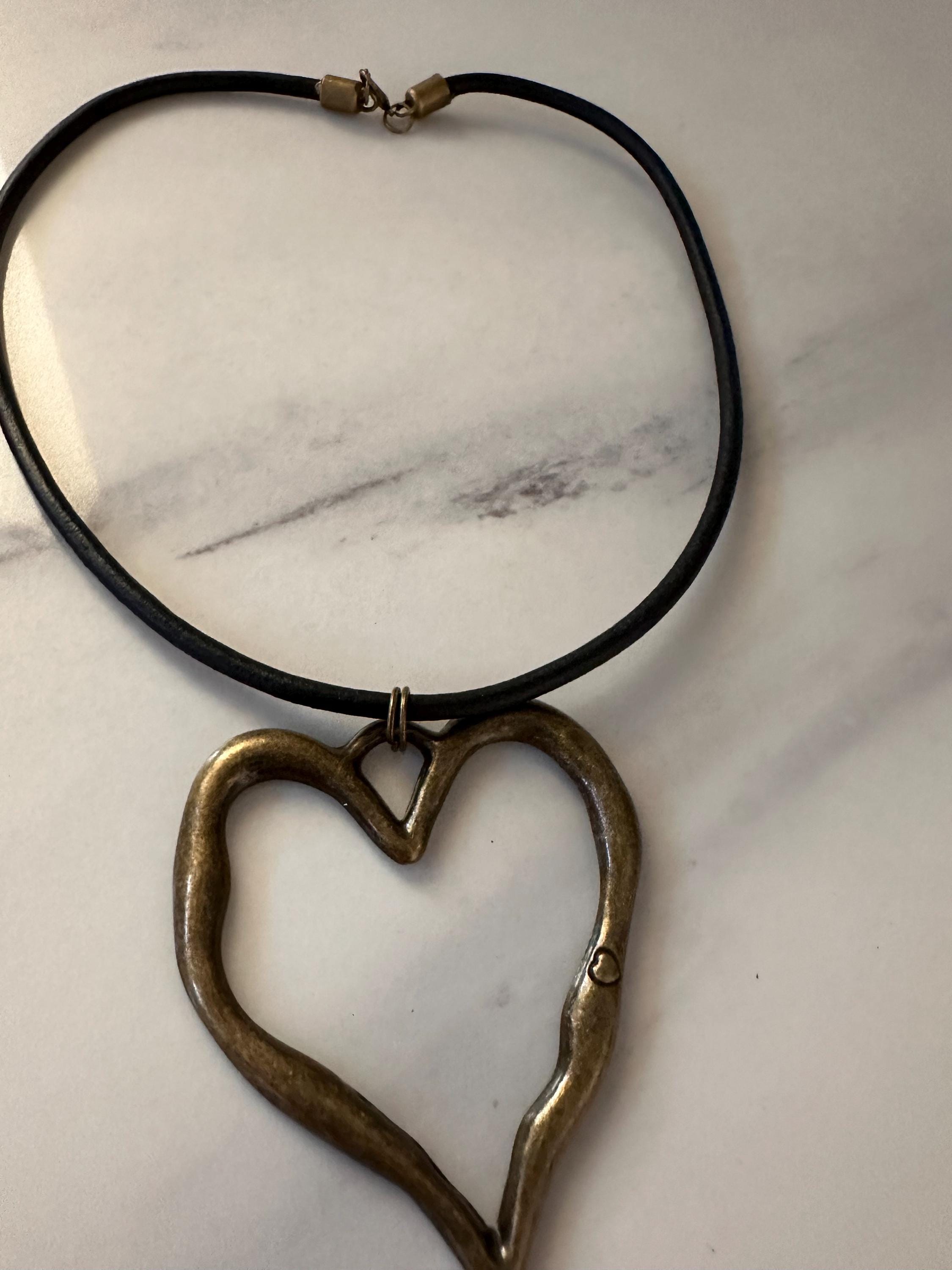 Antique Bronze Heart on Black Leather Cord