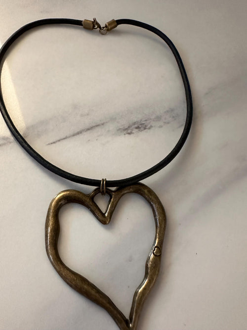 Antique Bronze Heart on Black Leather Cord