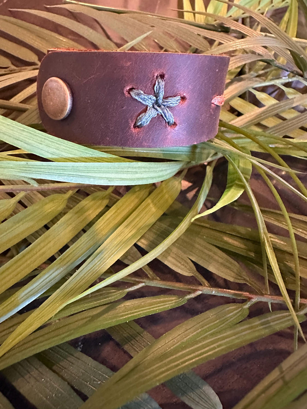 Leather Cuff Bracelet: Dark Brown, Threaded, Bronze Snap, Adjustable