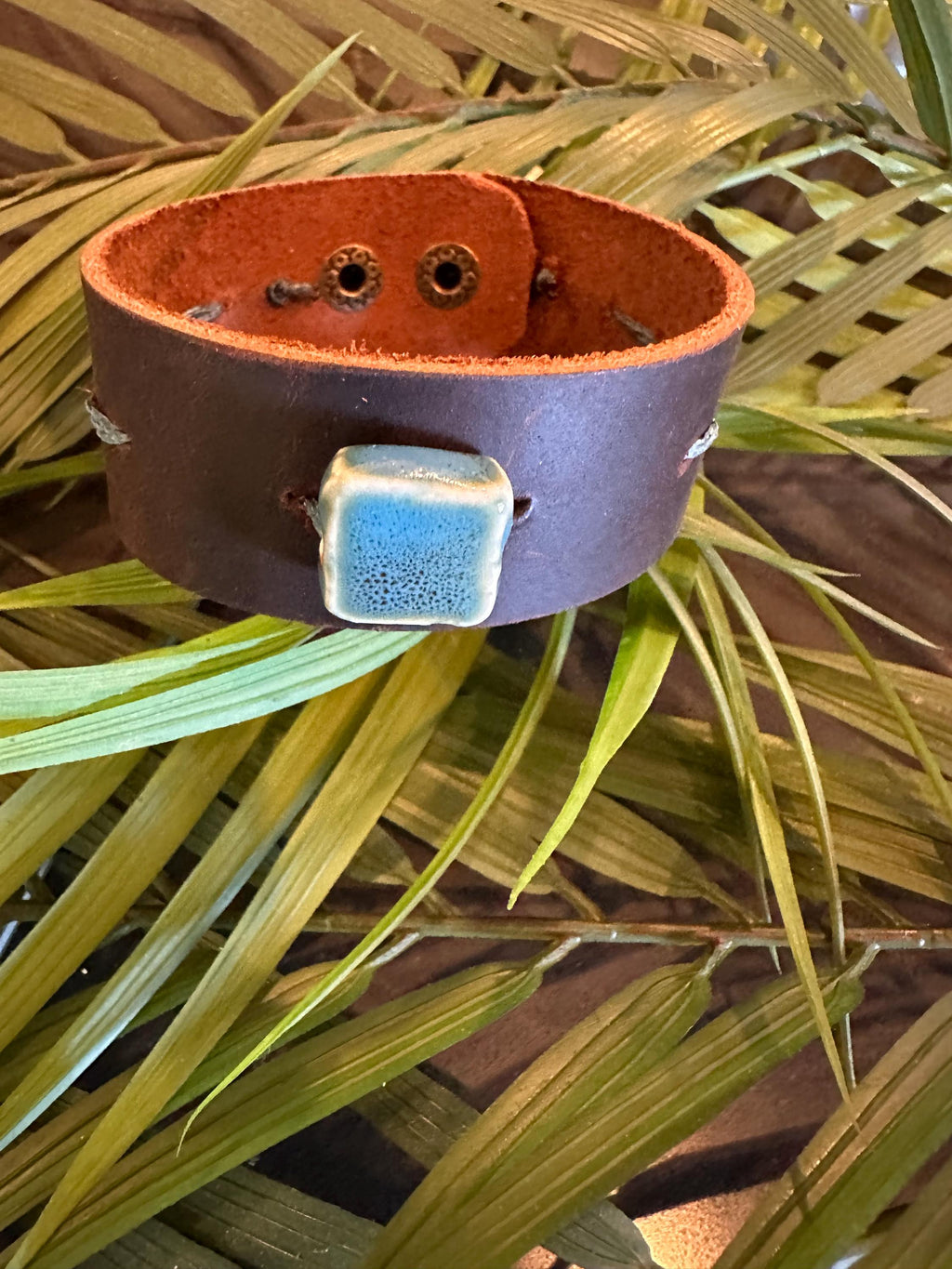 Leather Cuff Bracelet: Dark Brown, Threaded, Blue Ceramic Bead, Bronze Snap, Adjustable