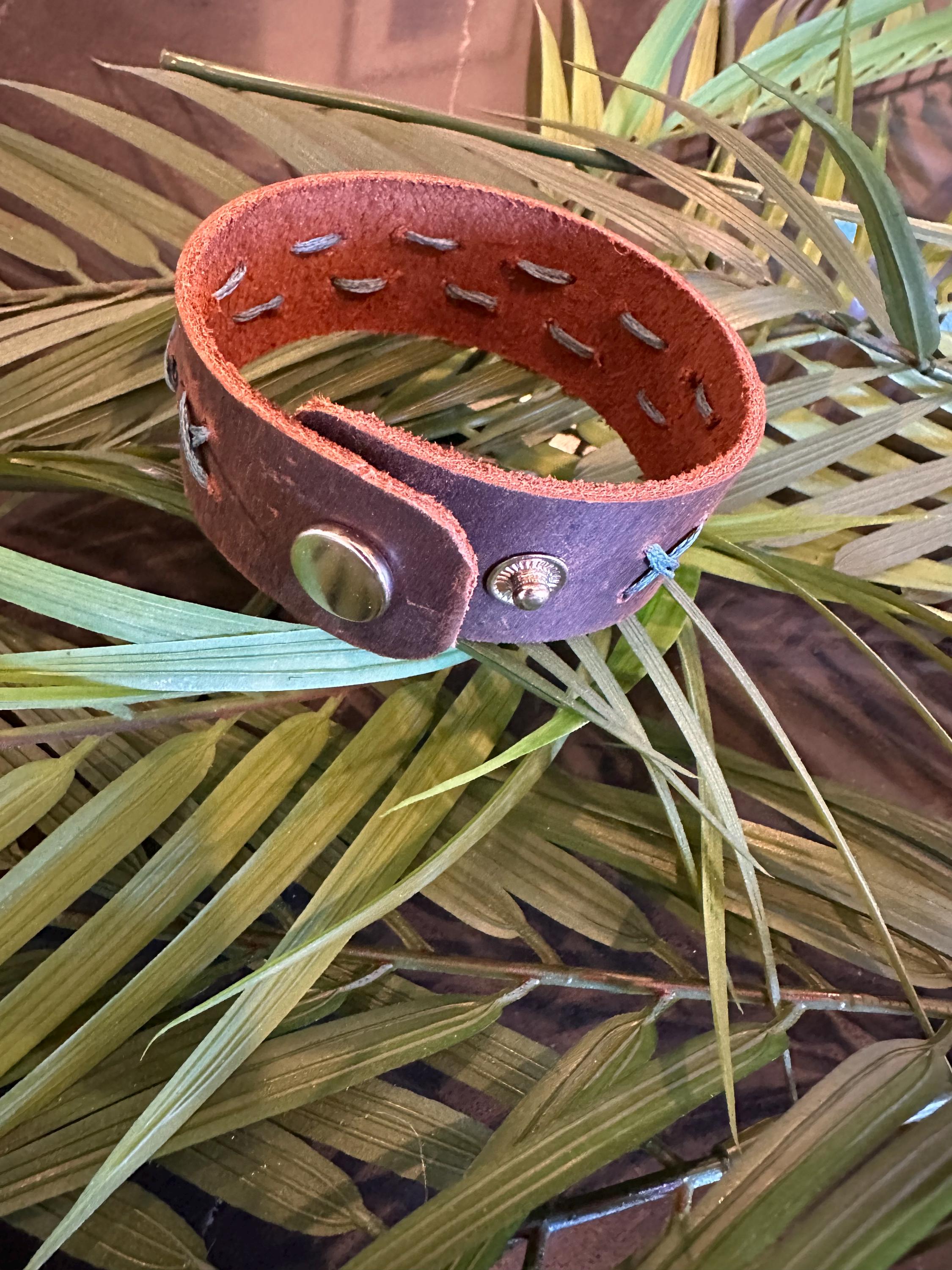Leather Cuff Bracelet: Dark Brown, Threaded, Bronze Snap, Adjustable