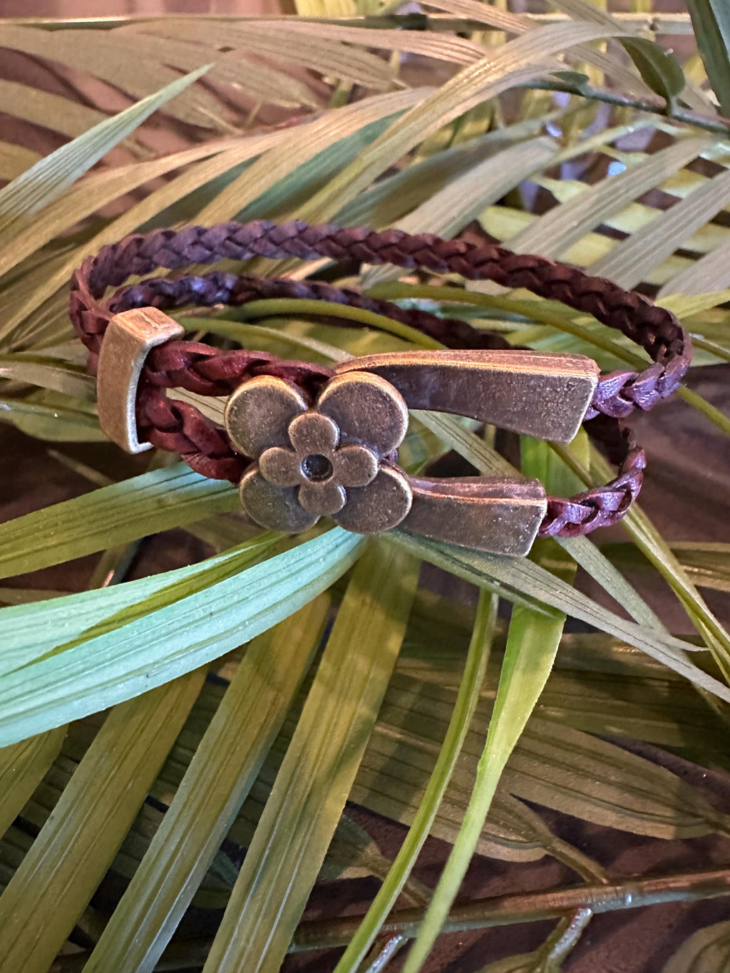 Leather Cuff Bracelet: Dark Brown, Braided, Bronze Flower Hook