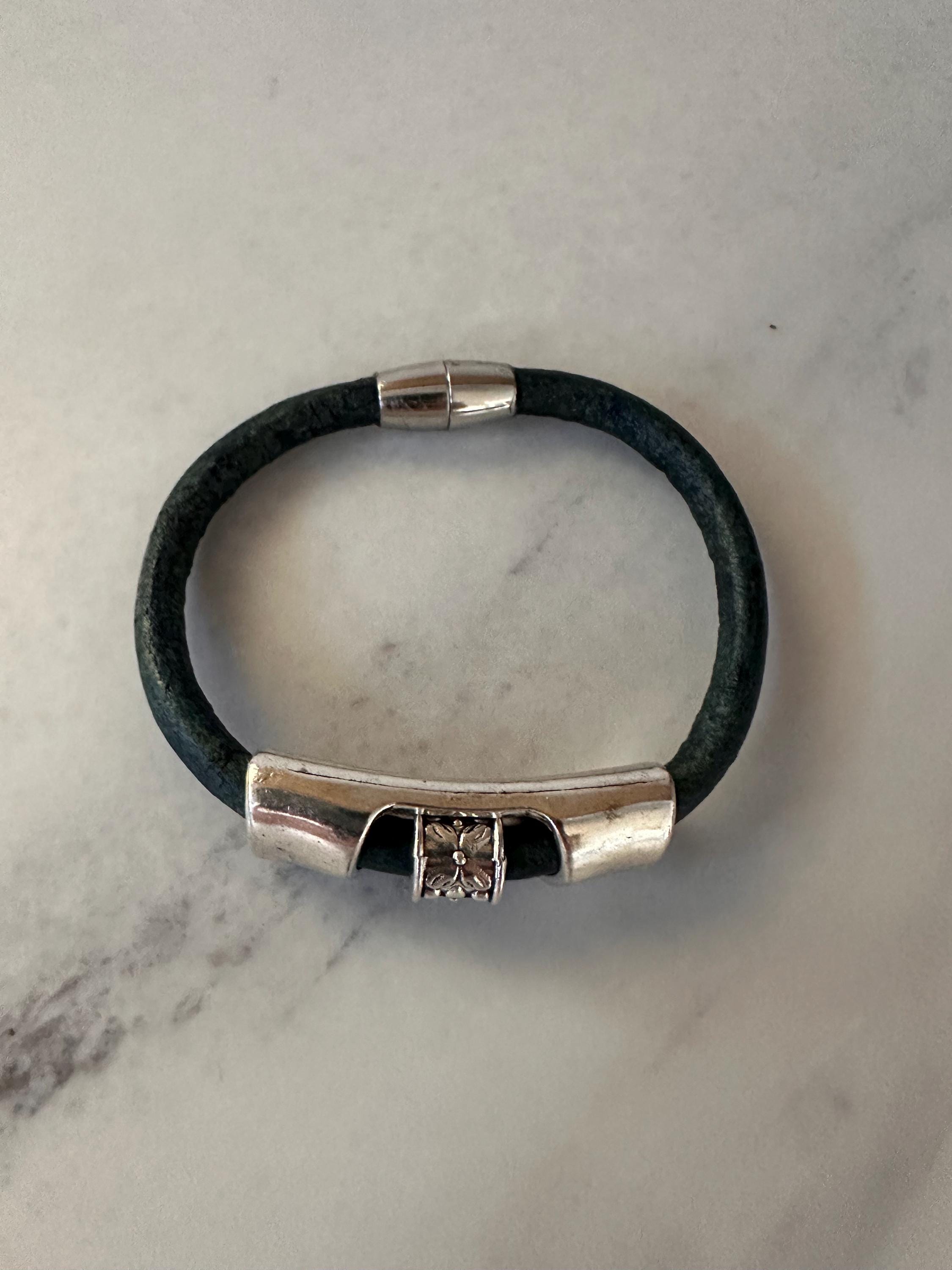 Leather Cuff Bracelet: Silver Bead Slider, Magnetic Clasp